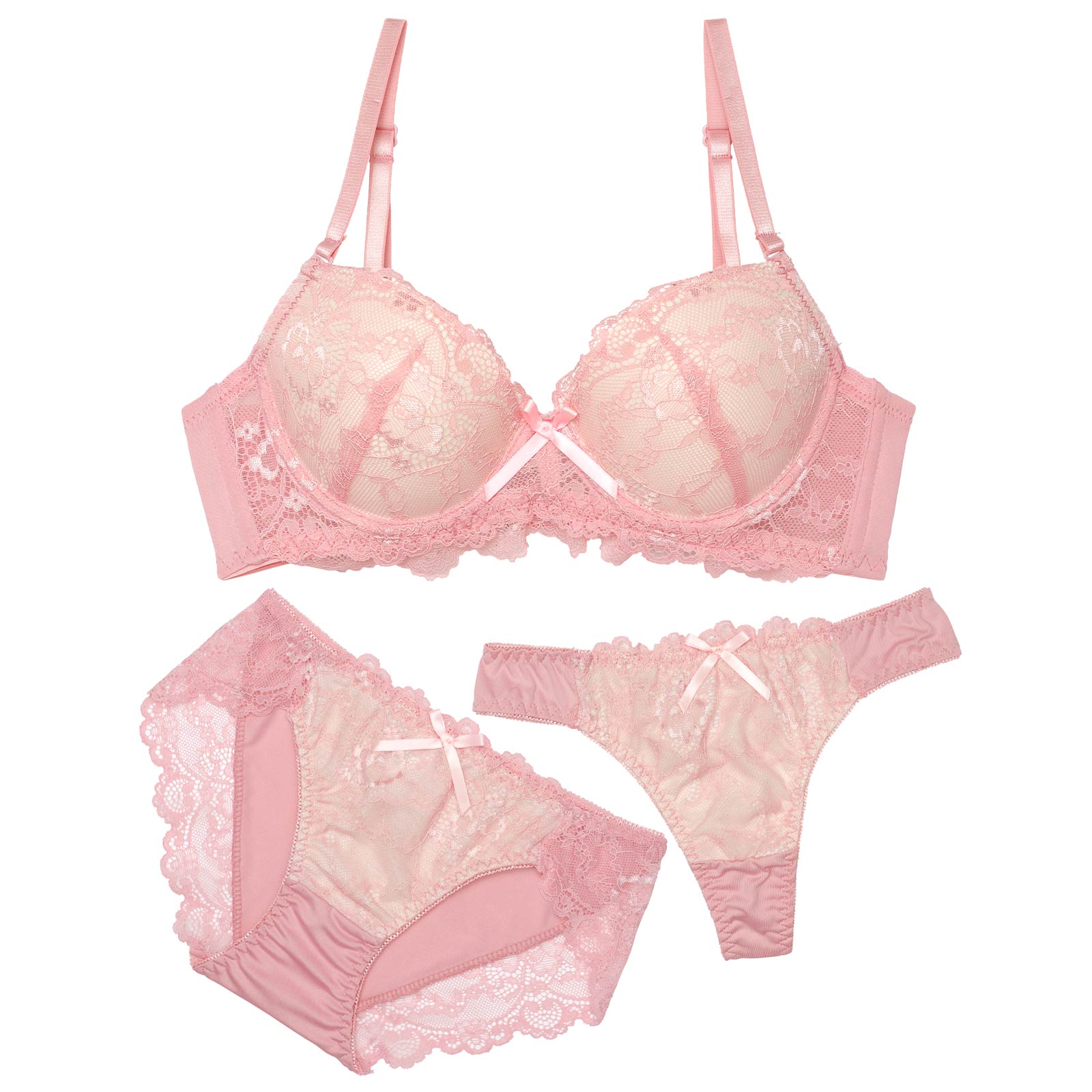 2/4新作!【3点セット】フェミニンシンプルレース育乳脇高ブラジャー&フルバック&Tバックショーツ