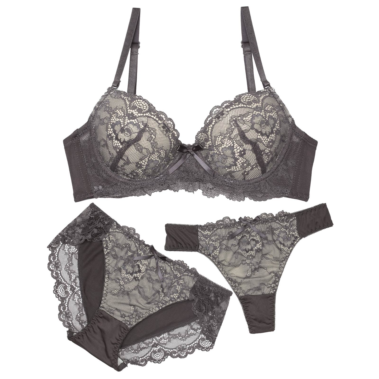 2/4新作!【3点セット】【GHIサイズ】フェミニンシンプルレース育乳脇高ブラジャー&フルバック&Tバックショーツ