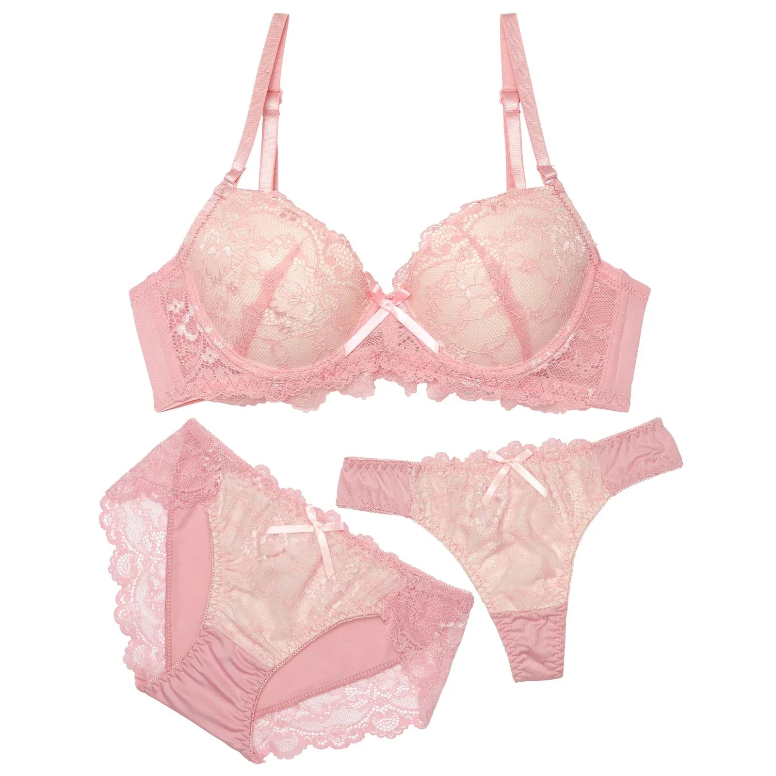 2/4新作!【3点セット】【GHIサイズ】フェミニンシンプルレース育乳脇高ブラジャー&フルバック&Tバックショーツ