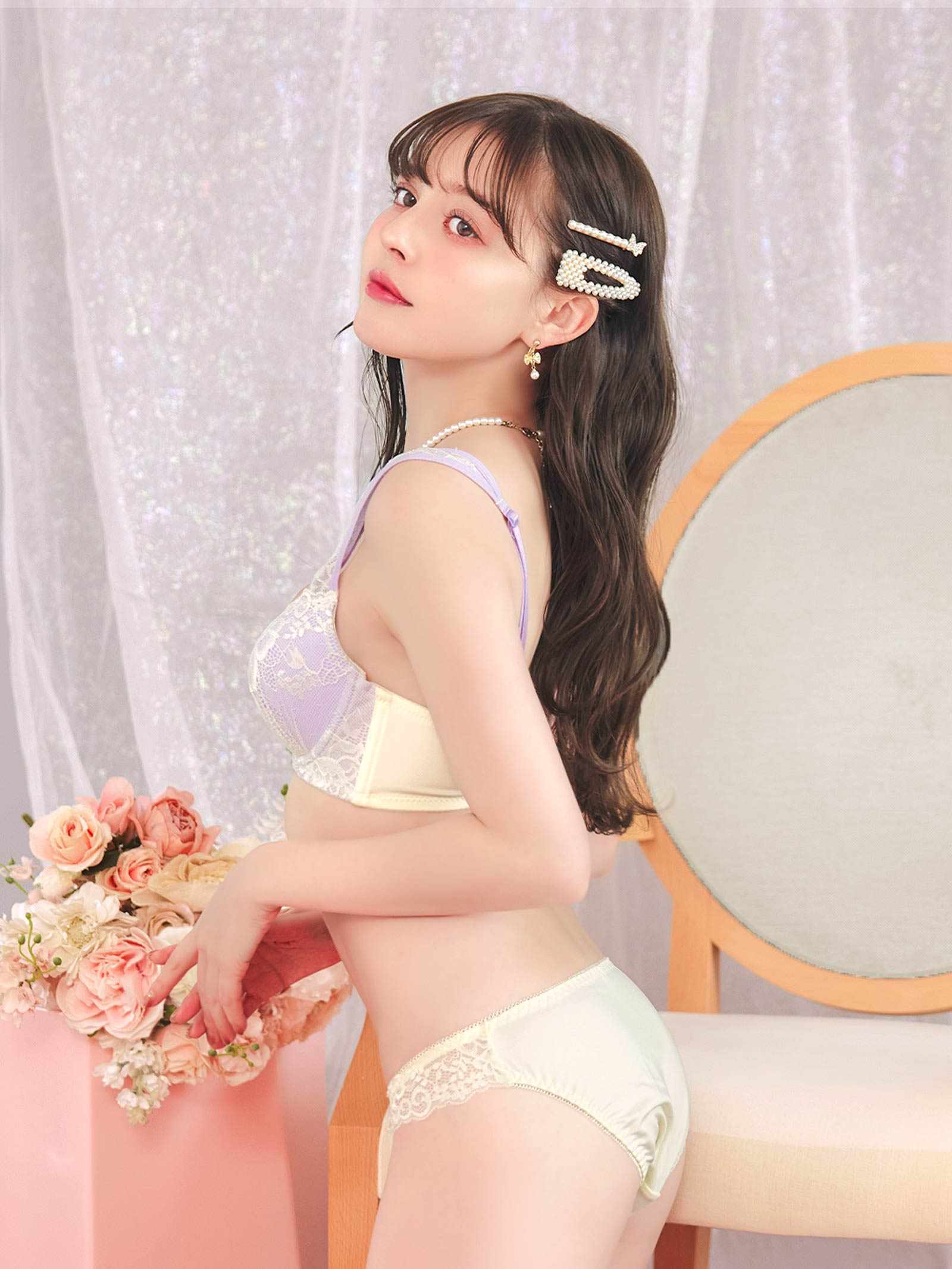 3/18新作!フェミニンパステルレース育乳脇高ブラジャー&フルバックショーツ