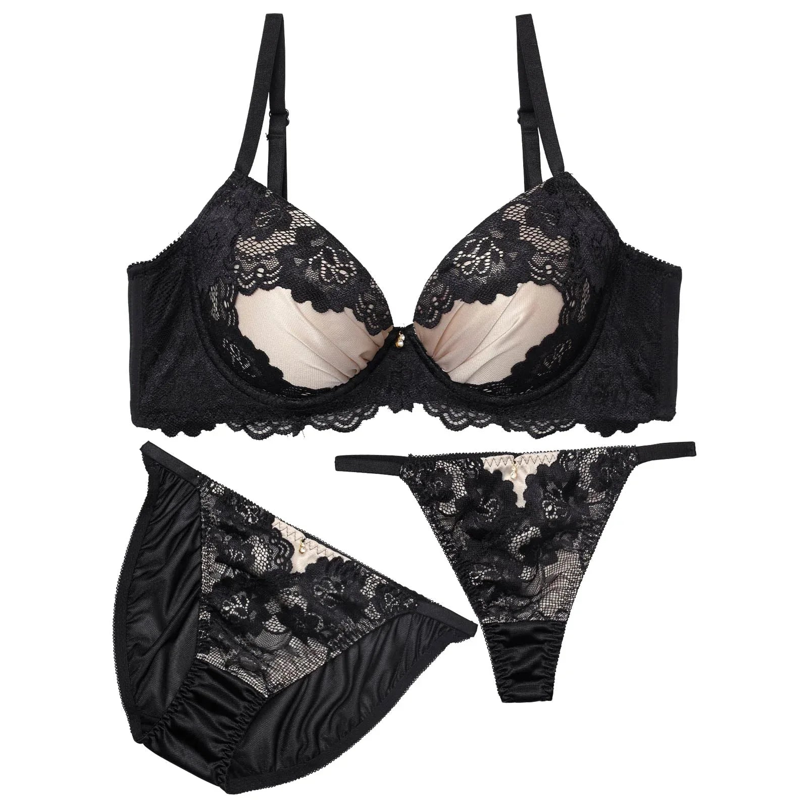 【3点セット】グロッシーサテンフルール育乳脇高ブラジャー&フルバック&Tバックショーツ