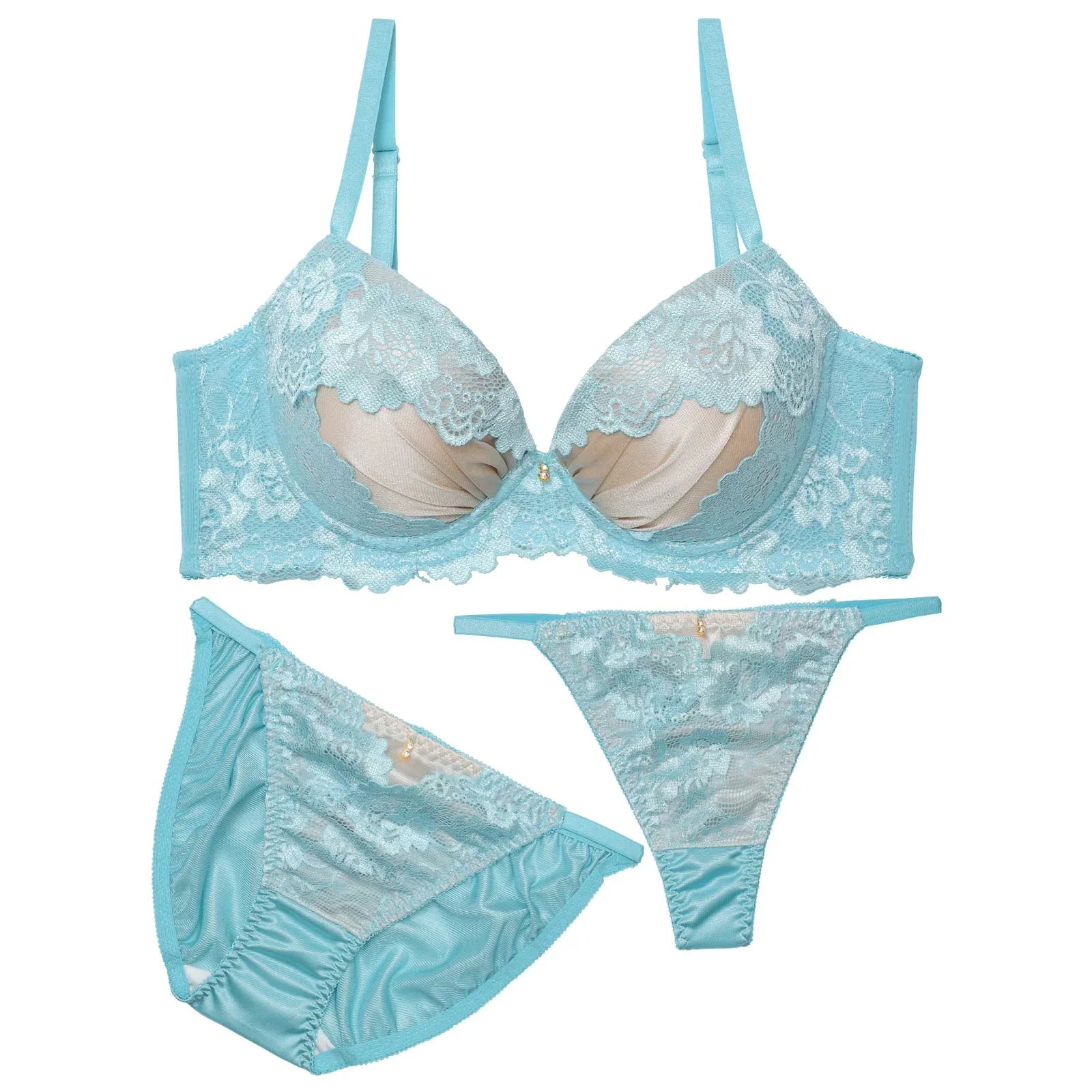 【3点セット】グロッシーサテンフルール育乳脇高ブラジャー&フルバック&Tバックショーツ