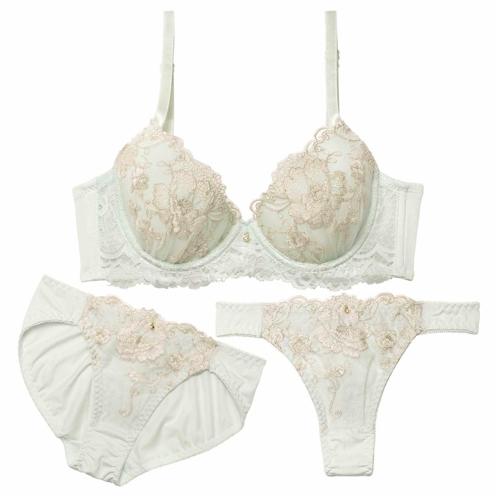 【3点セット】ロマンティックシャイニーブルーム育乳脇高ブラジャー&フルバック&Tバックショーツ