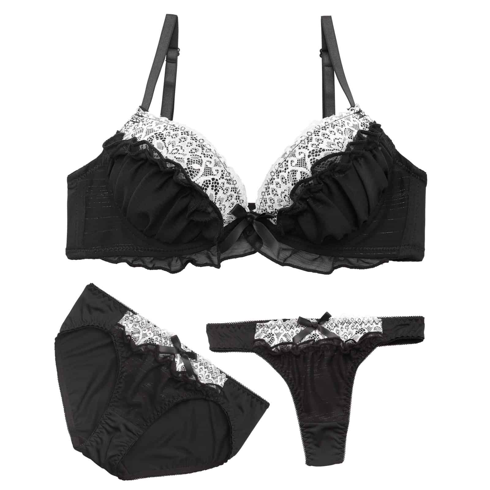 8/28新作!【3点セット】シャイニーフリルシフォン育乳脇高ブラジャー&フルバック&Tバックショーツ