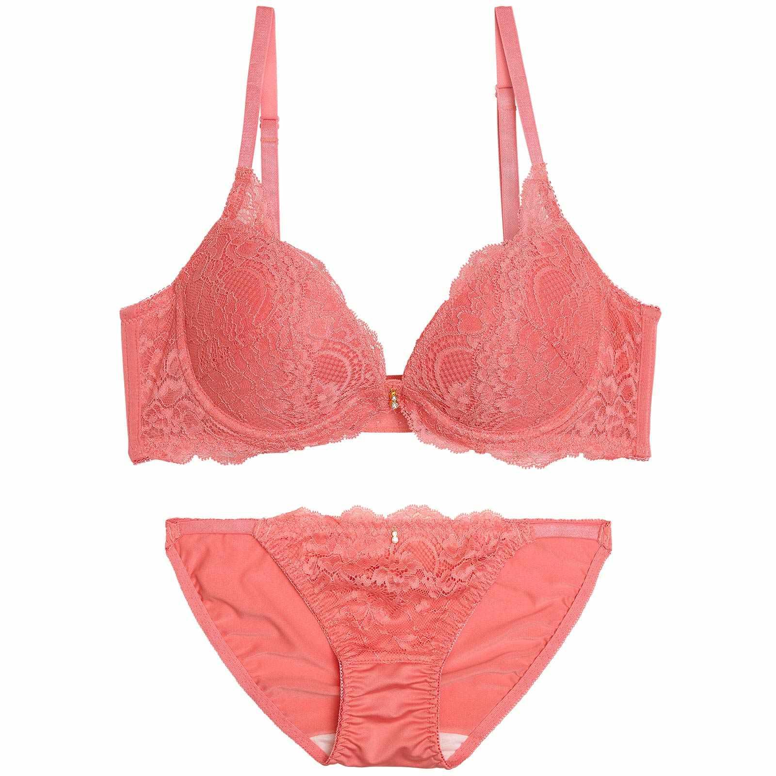 【EFサイズ】ワンカラーレース育乳脇高ブラジャー&フルバックショーツ