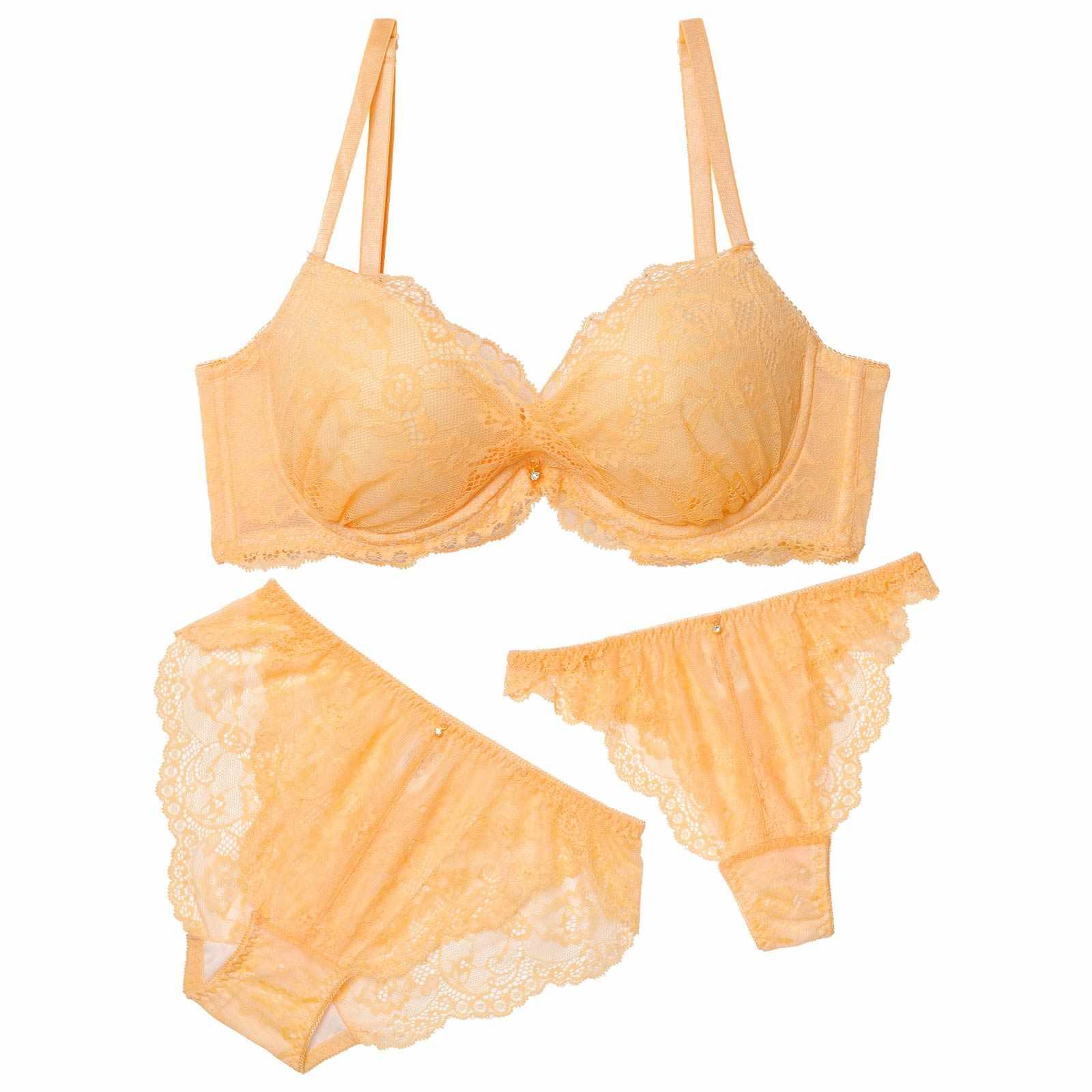 【3点セット】パステルレースカシュクール育乳脇高ブラジャー&バック透けフルバック&Tバックショーツ