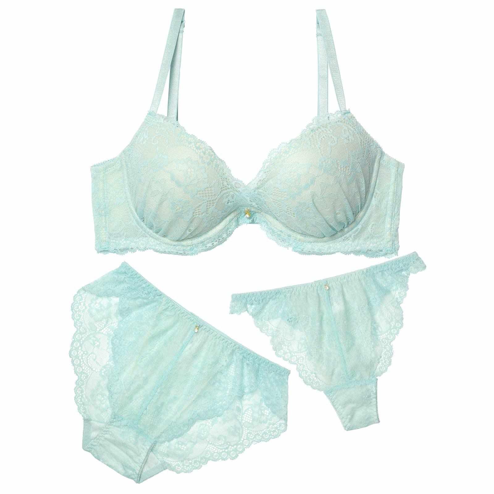 【3点セット】【EFサイズ】パステルレースカシュクール育乳脇高ブラジャー&バック透けフルバック&Tバックショーツ