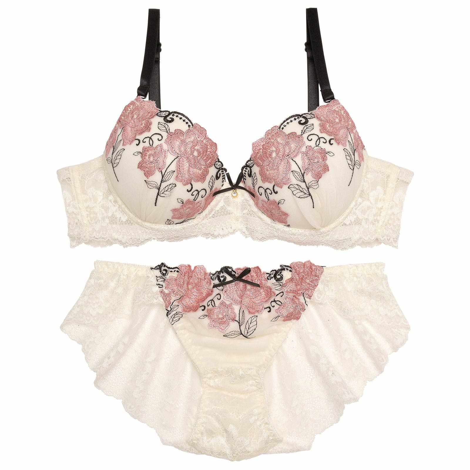 ファブリックレーシィローズブラジャー&バック透けフルバックショーツ