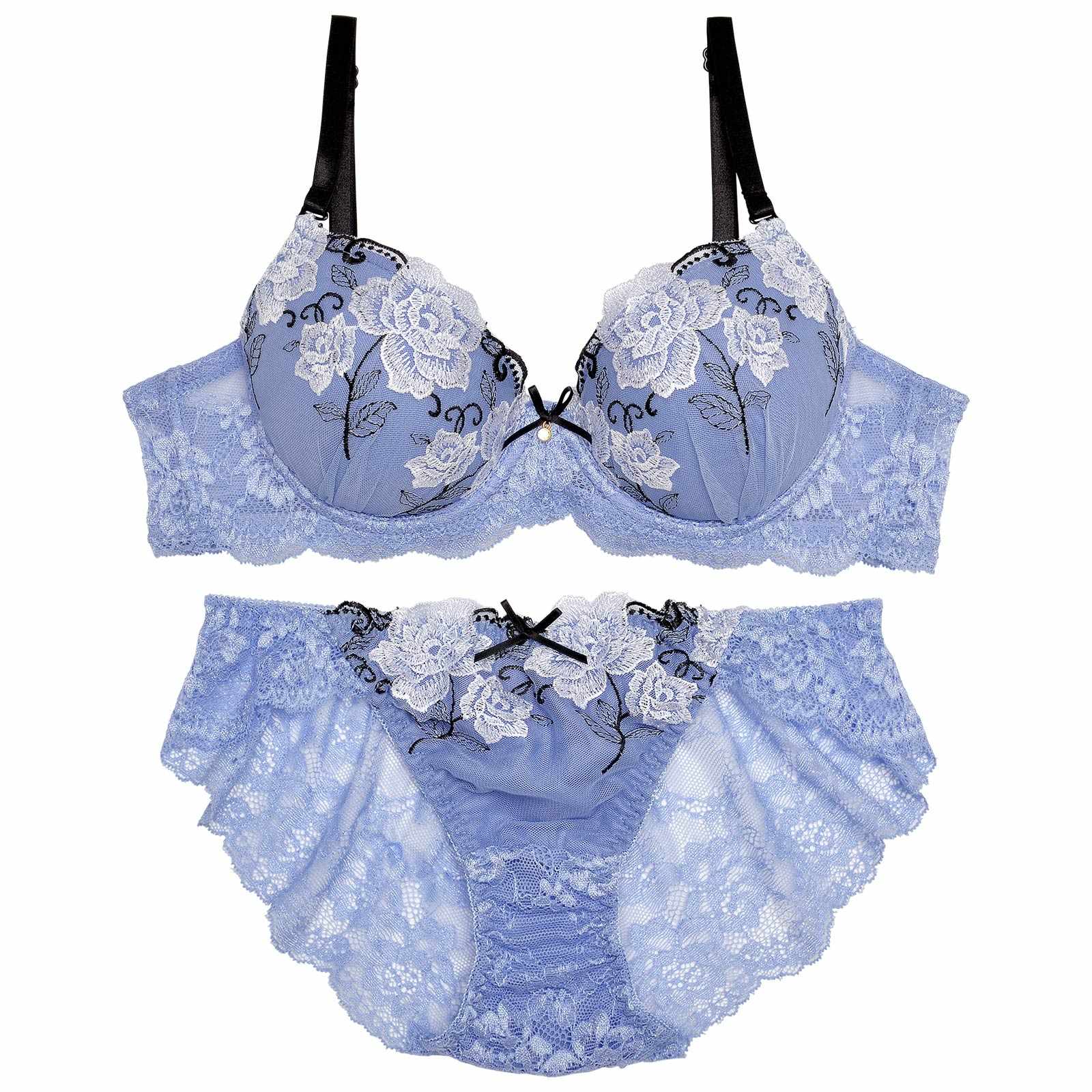 ファブリックレーシィローズブラジャー&バック透けフルバックショーツ