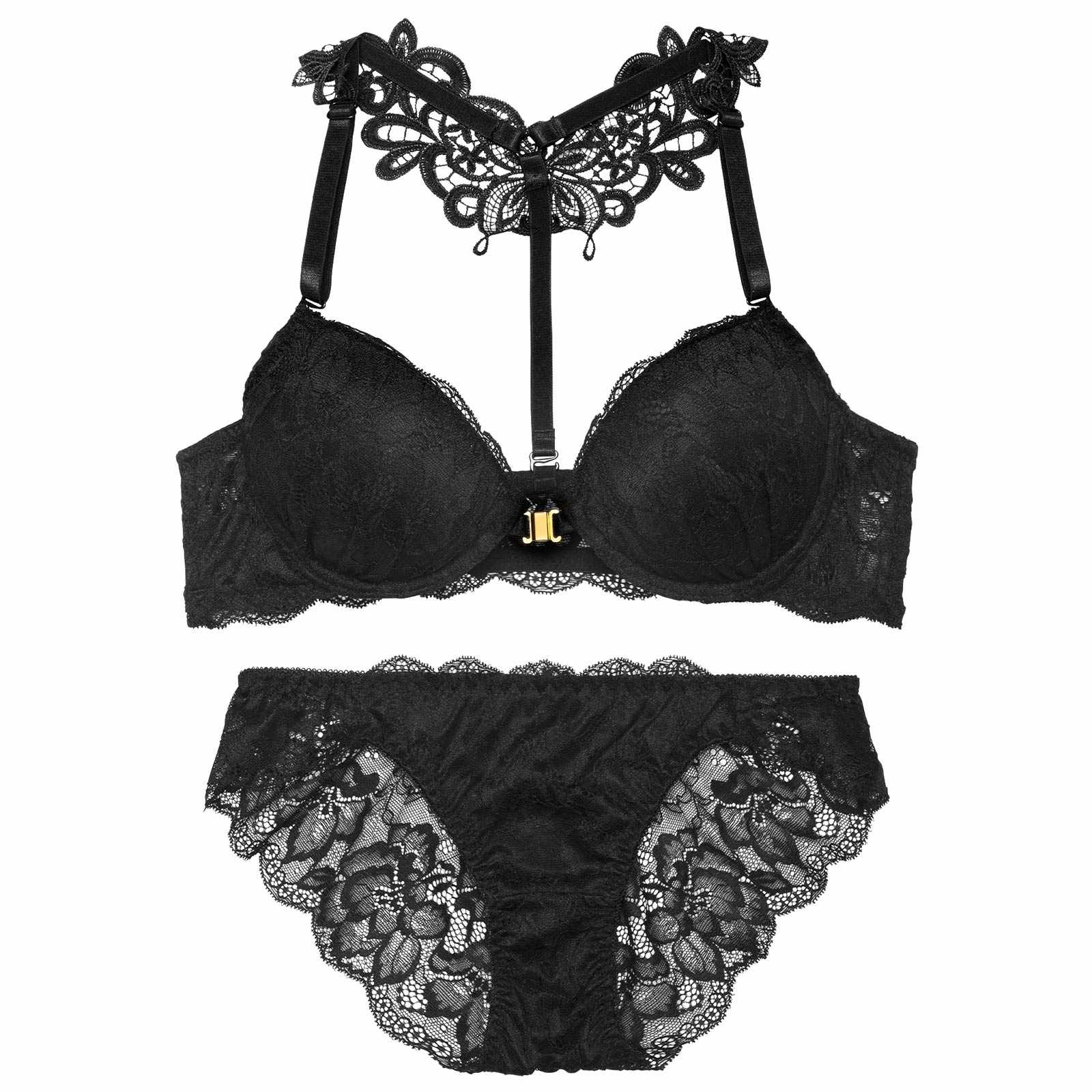 【EFサイズ】ケミカルレーシィホルターフロントホックブラジャー&バック透けフルバックショーツ