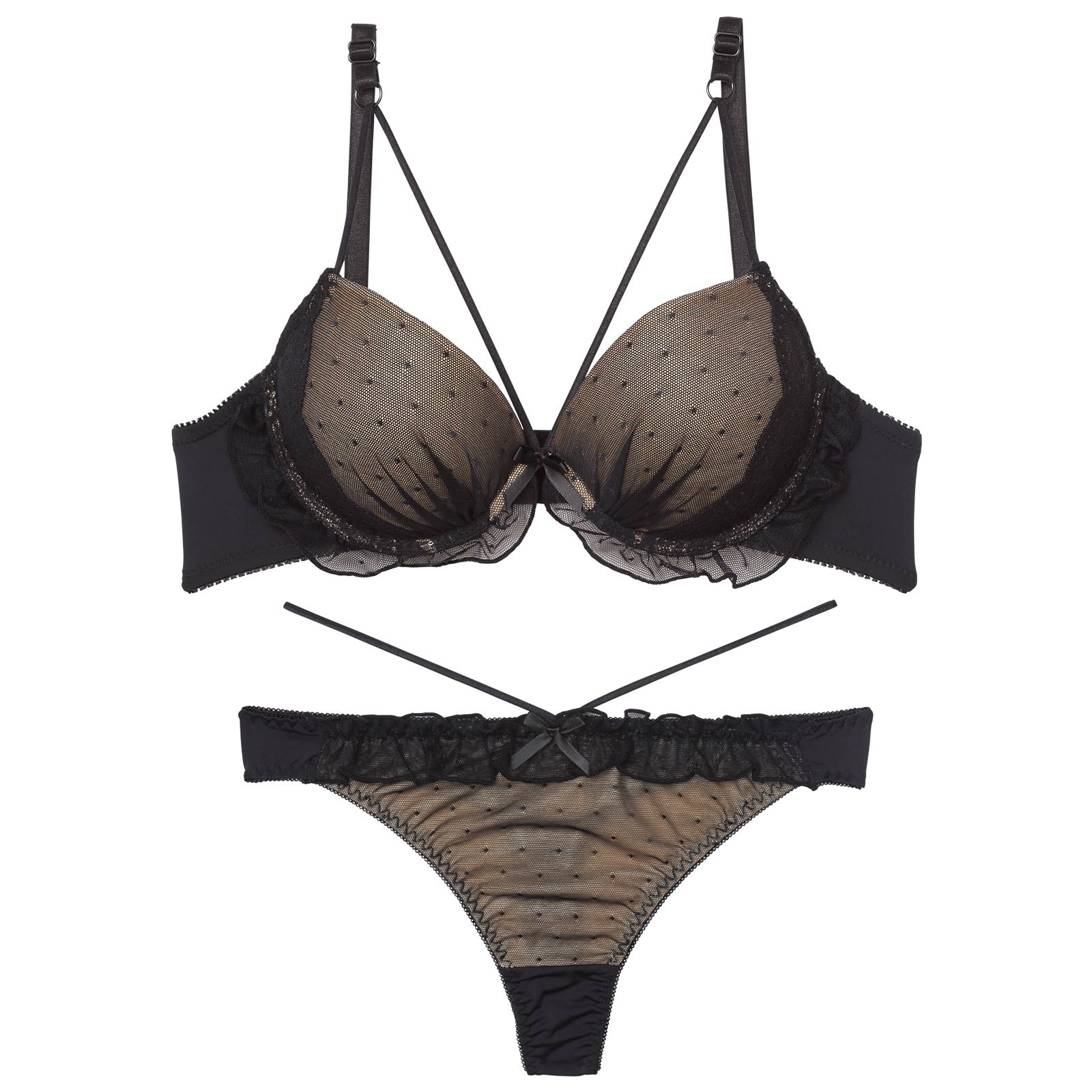 フェミニンドットフリルブラジャー&Tバックショーツ