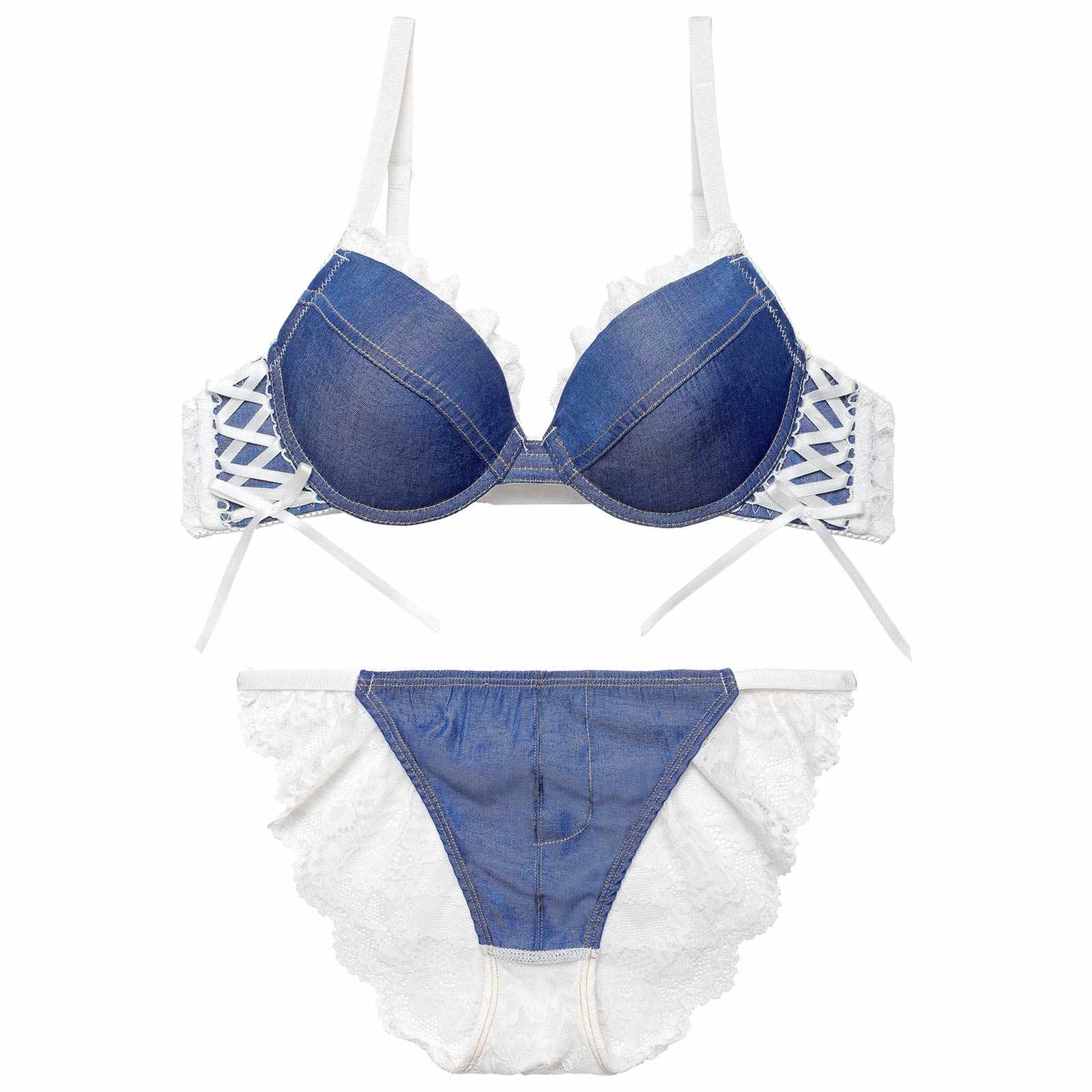 【EFサイズ】デニムレーシィスピンドルブラジャー&バック透けフルバックショーツ