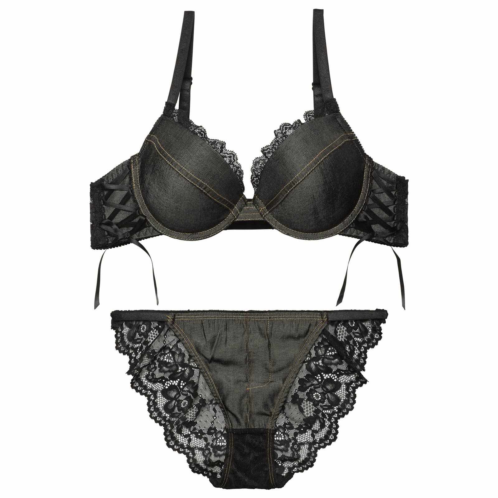 【EFサイズ】デニムレーシィスピンドルブラジャー&バック透けフルバックショーツ