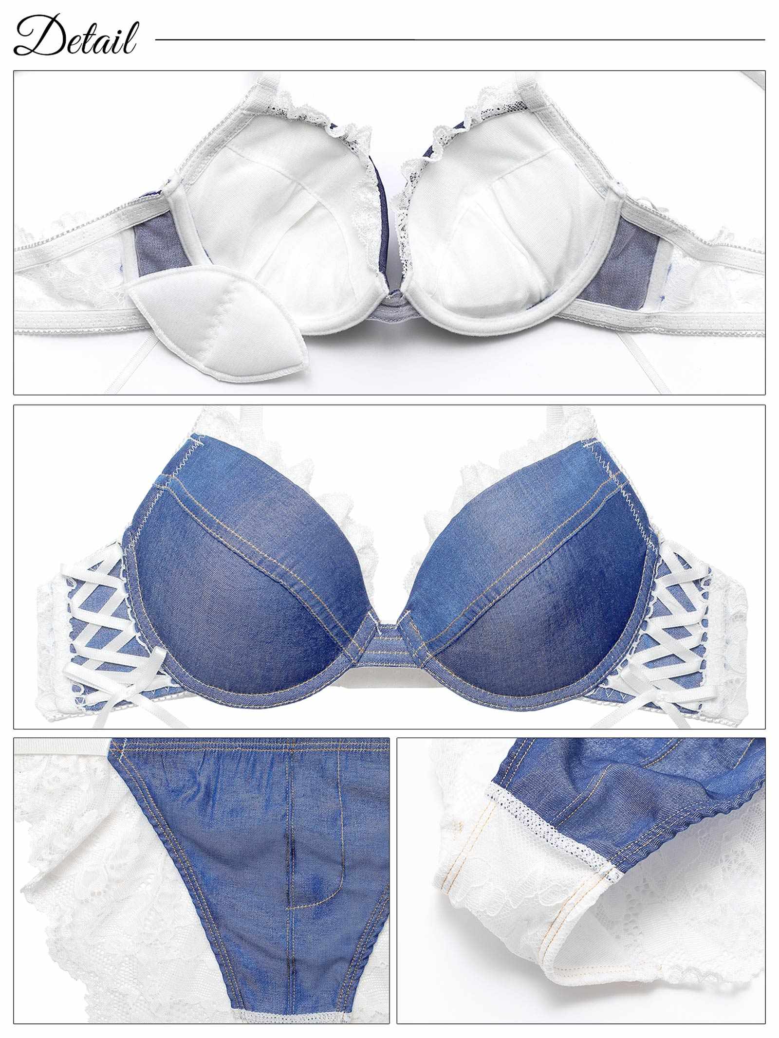 3/17新作!【EFサイズ】デニムレーシィスピンドルブラジャー&バック透けフルバックショーツ