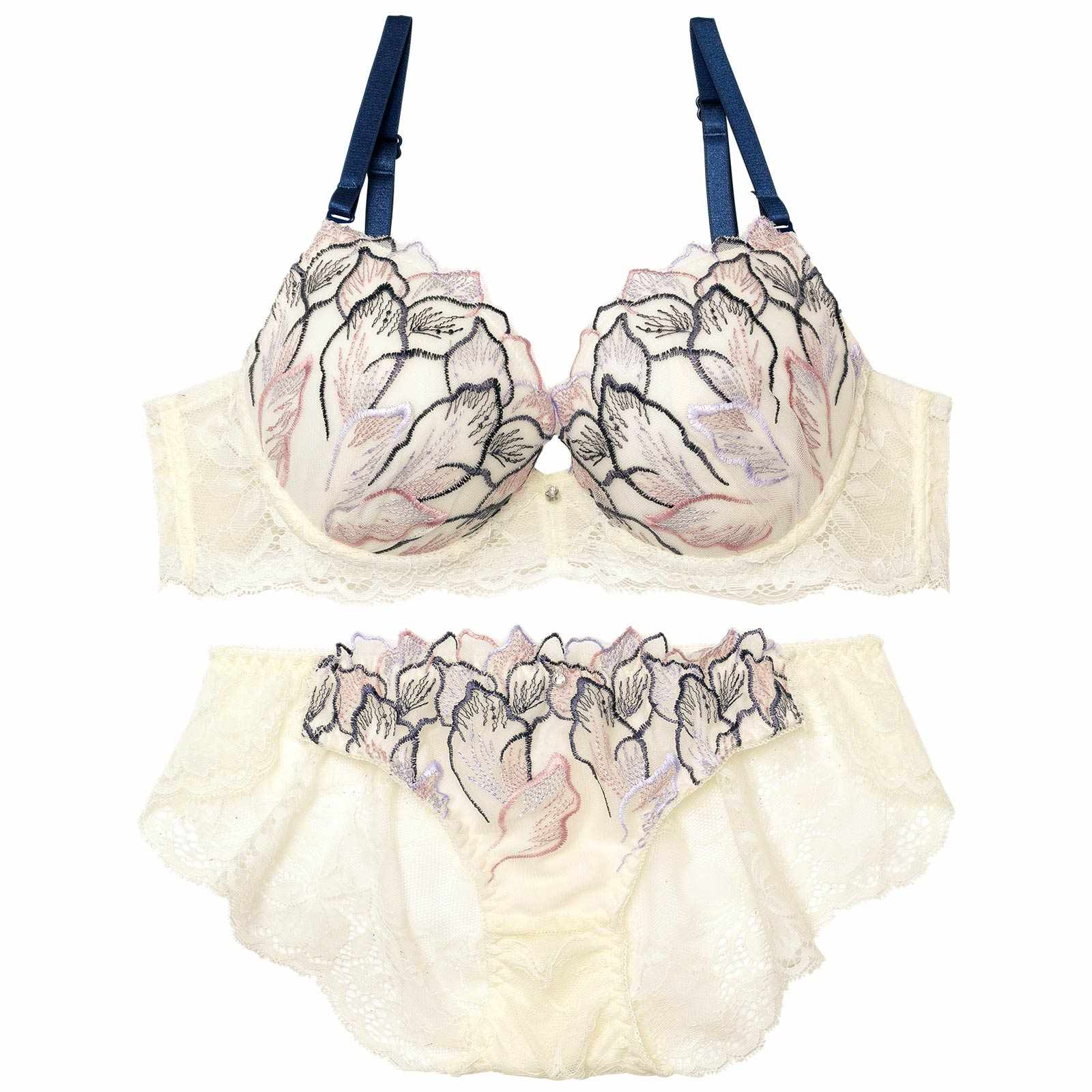 【EFサイズ】フローラルシックエンブロイダリーブラジャー&バック透けフルバックショーツ