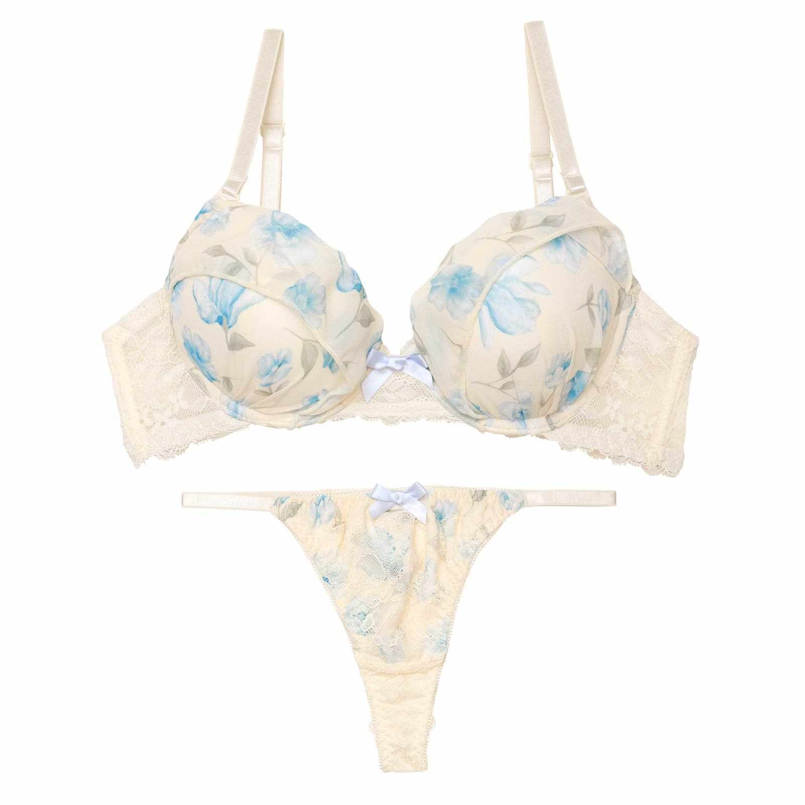フレグランス水彩フラワーブラジャー&バック透けTバックショーツ