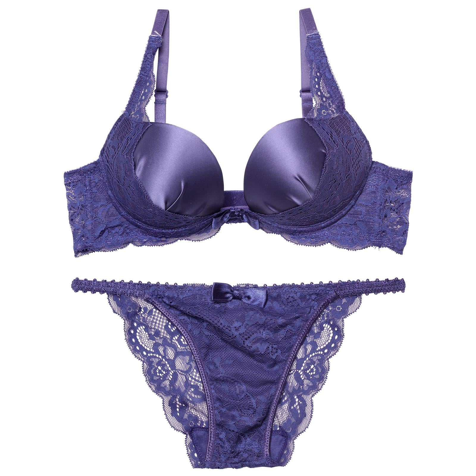 グラマラスサテンレースブラジャー&バック透けフルバックショーツ