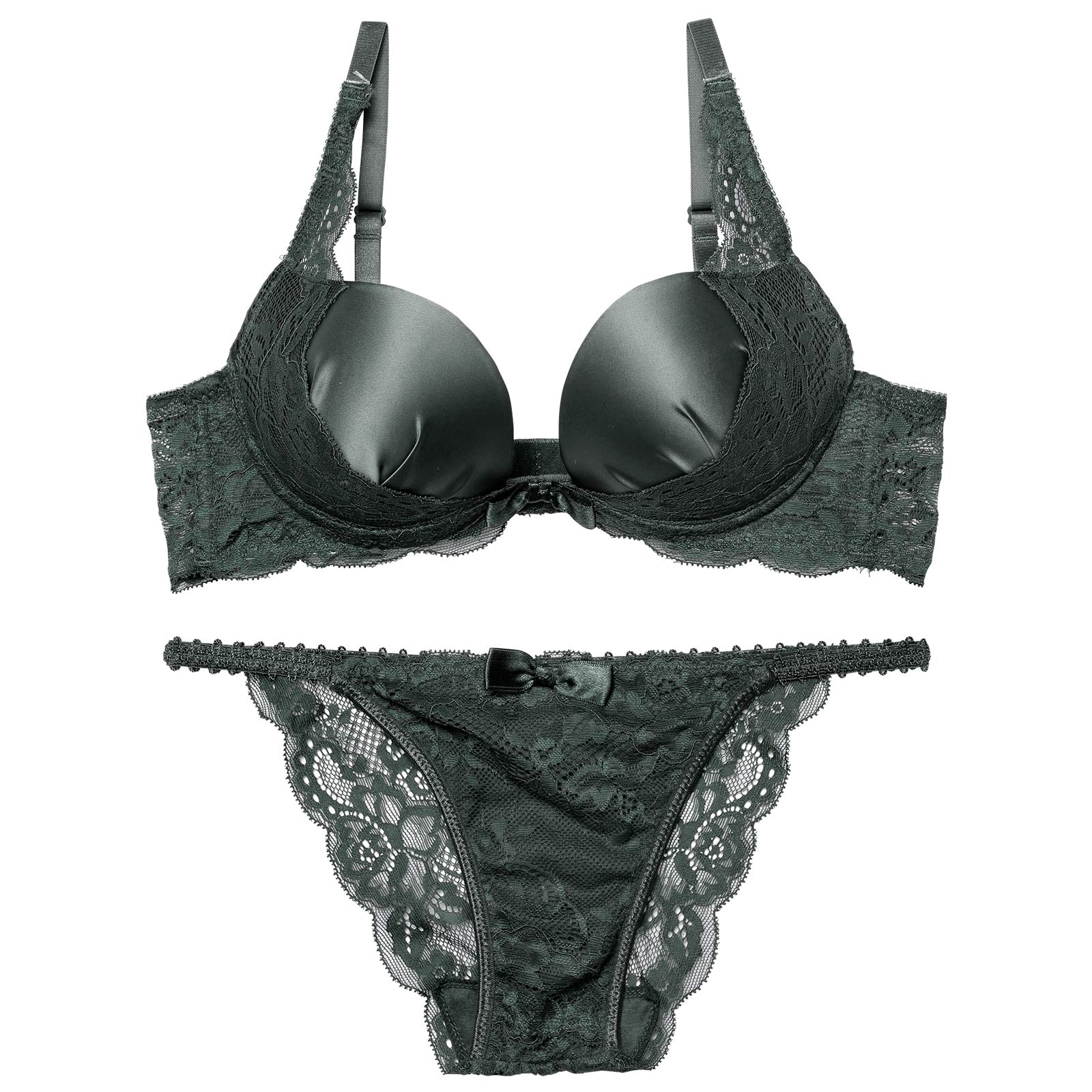 グラマラスサテンレースブラジャー&バック透けフルバックショーツ