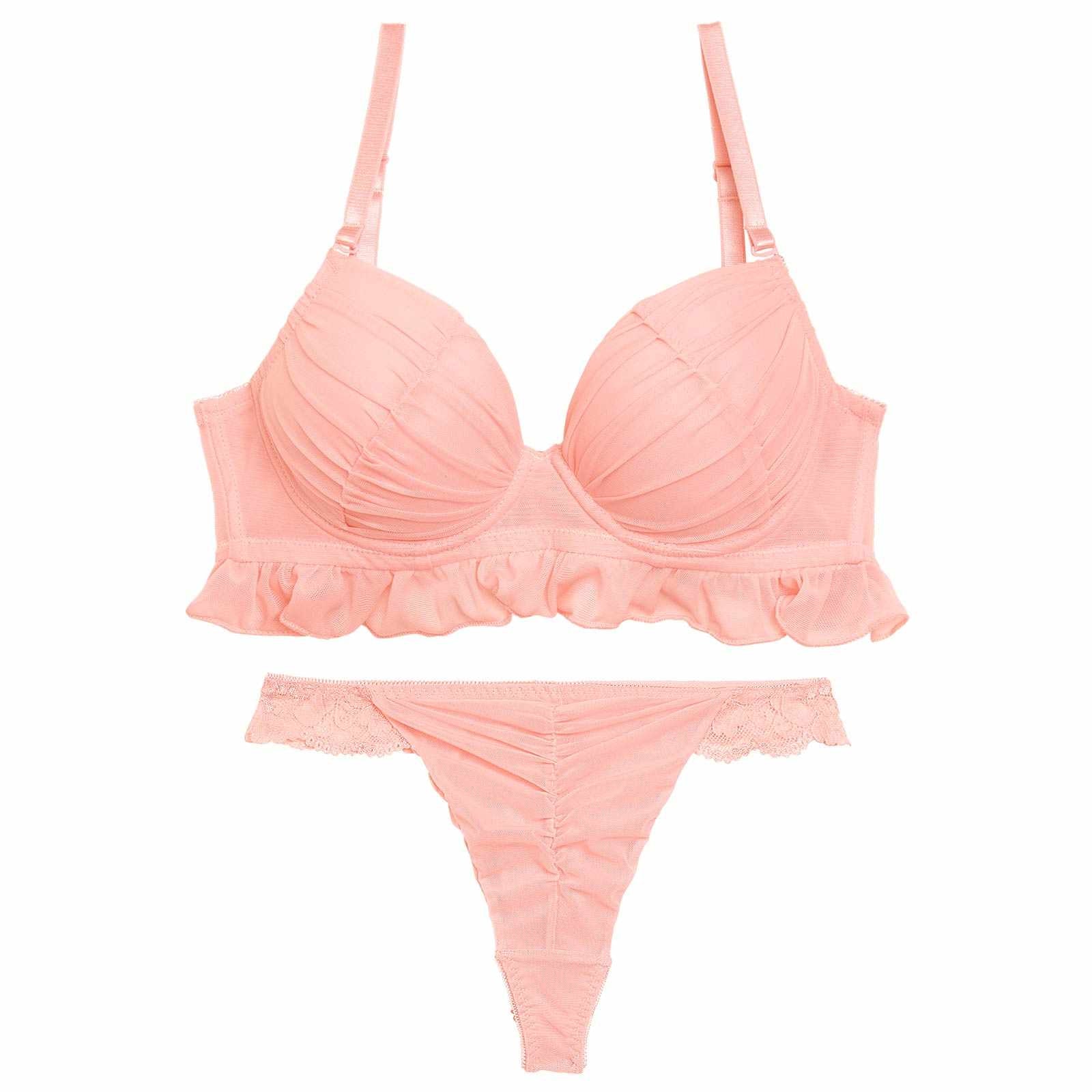 フェアリーフリルギャザーブラジャー&バック透けTバックショーツ