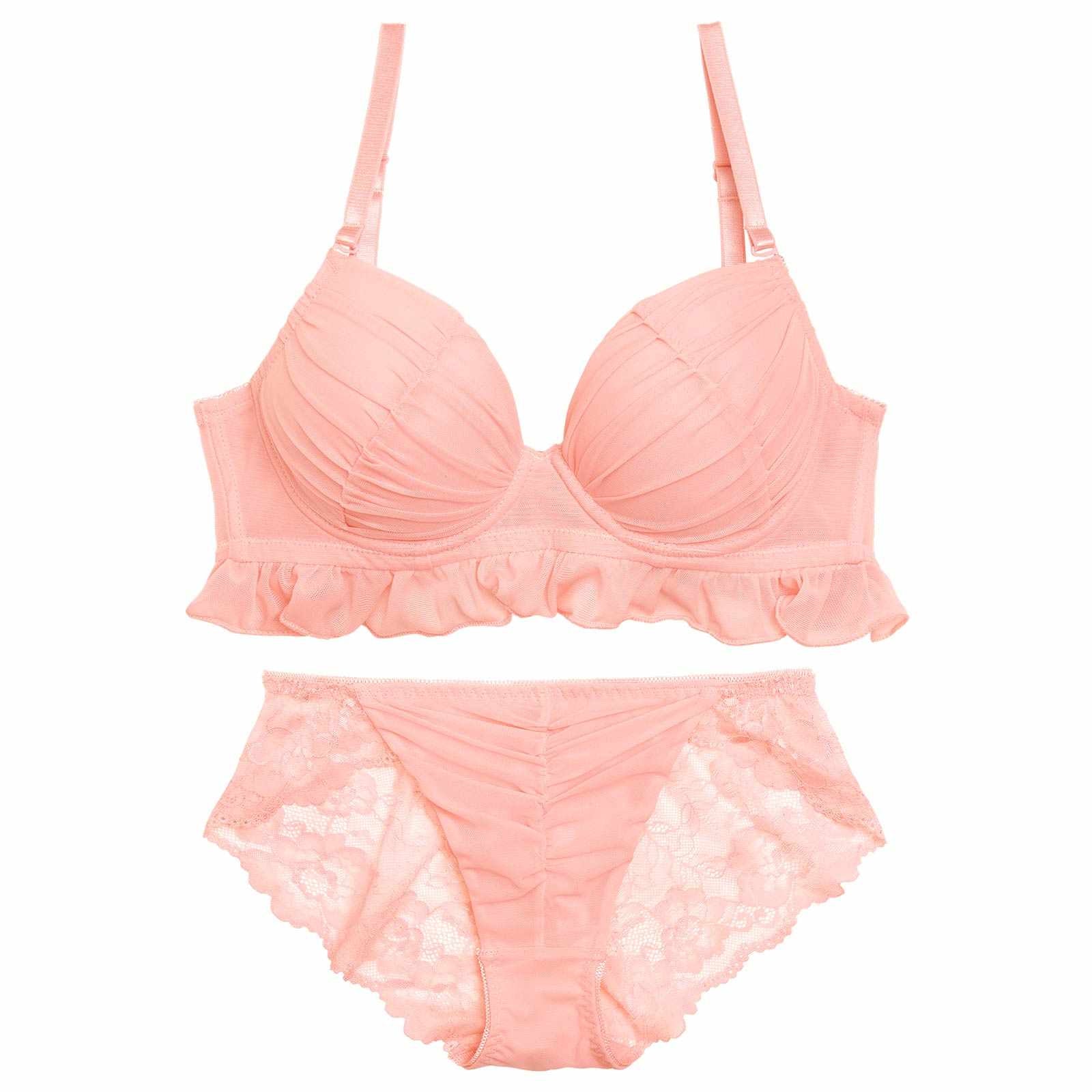 【EFサイズ】フェアリーフリルギャザーブラジャー&バック透けフルバックショーツ