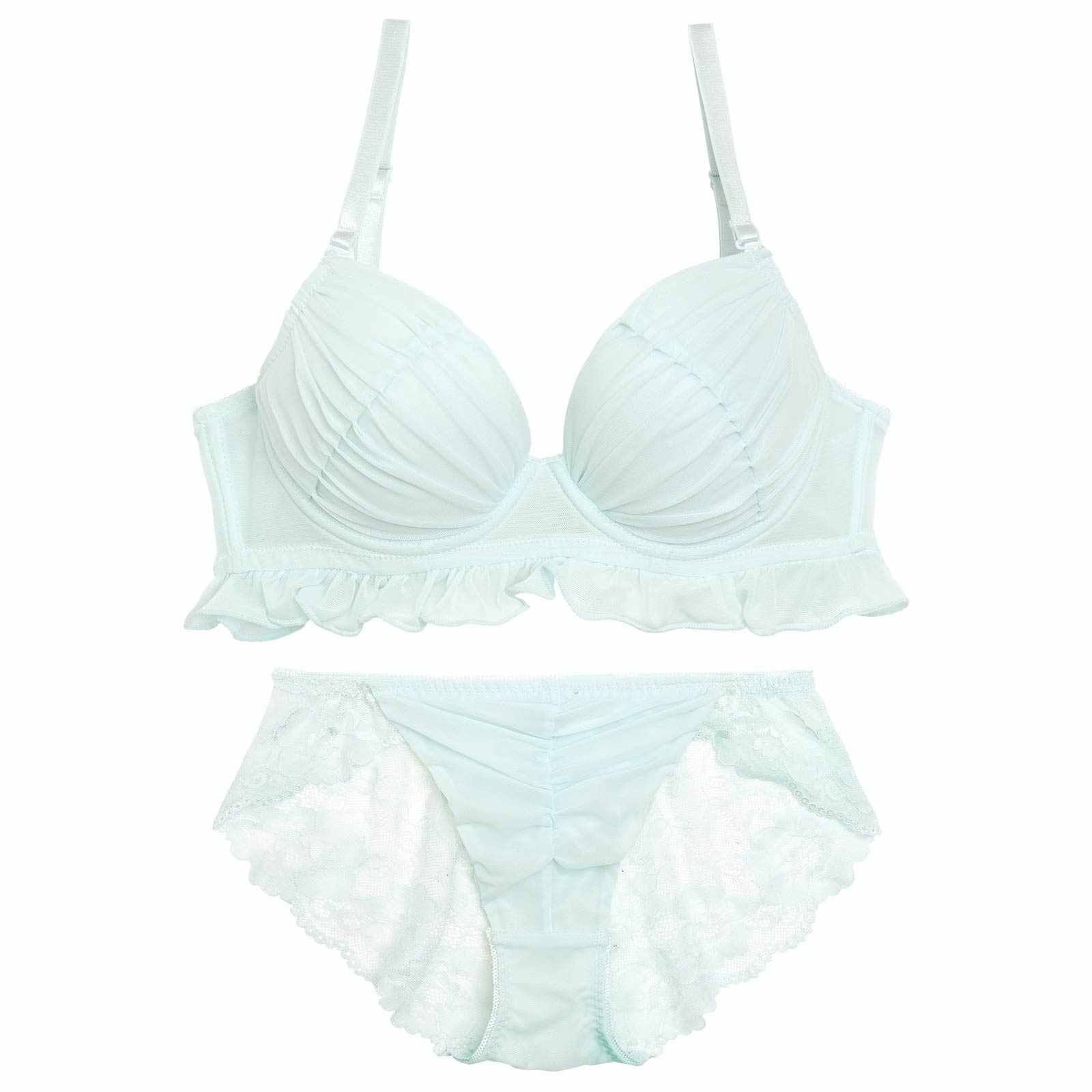 【EFサイズ】フェアリーフリルギャザーブラジャー&バック透けフルバックショーツ