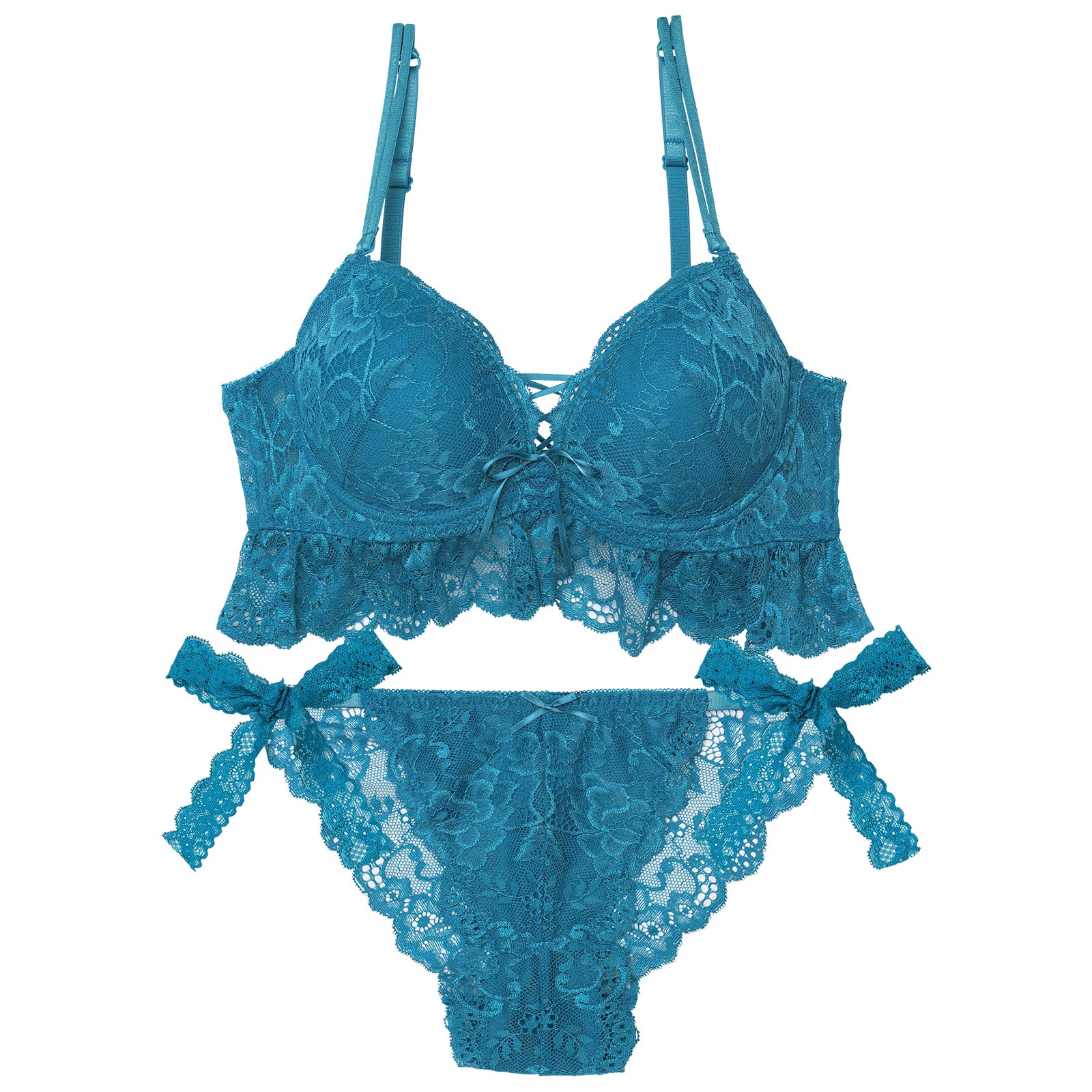 フレッシュレーシィレースアップ紐リボン付きブラジャー&バック透けサイド紐フルバックショーツ