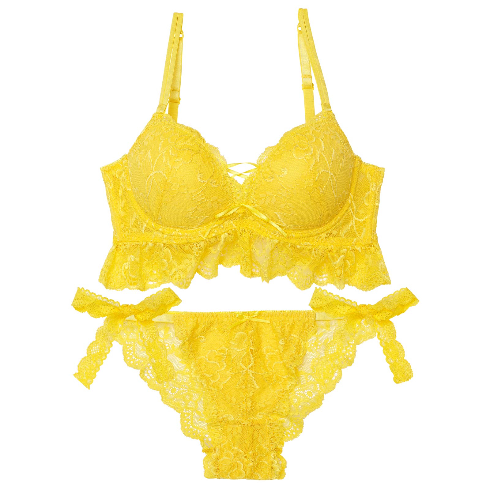 【EFサイズ】フレッシュレーシィレースアップ紐リボン付きブラジャー&バック透けフルバックショーツ