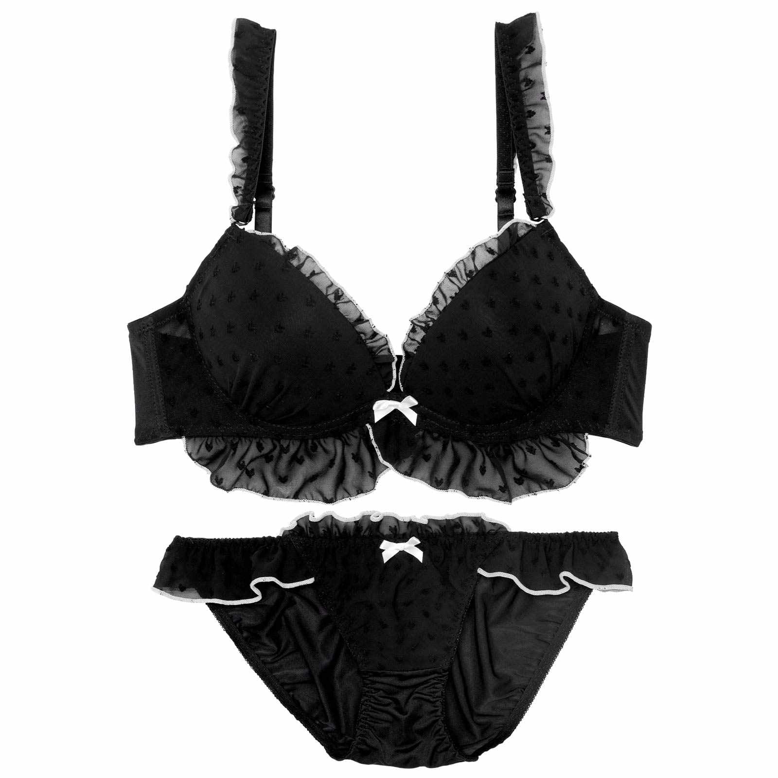 【かとゆり着用】【EFサイズ】ガーリーパイピングフリルブラジャー&フルバックショーツ