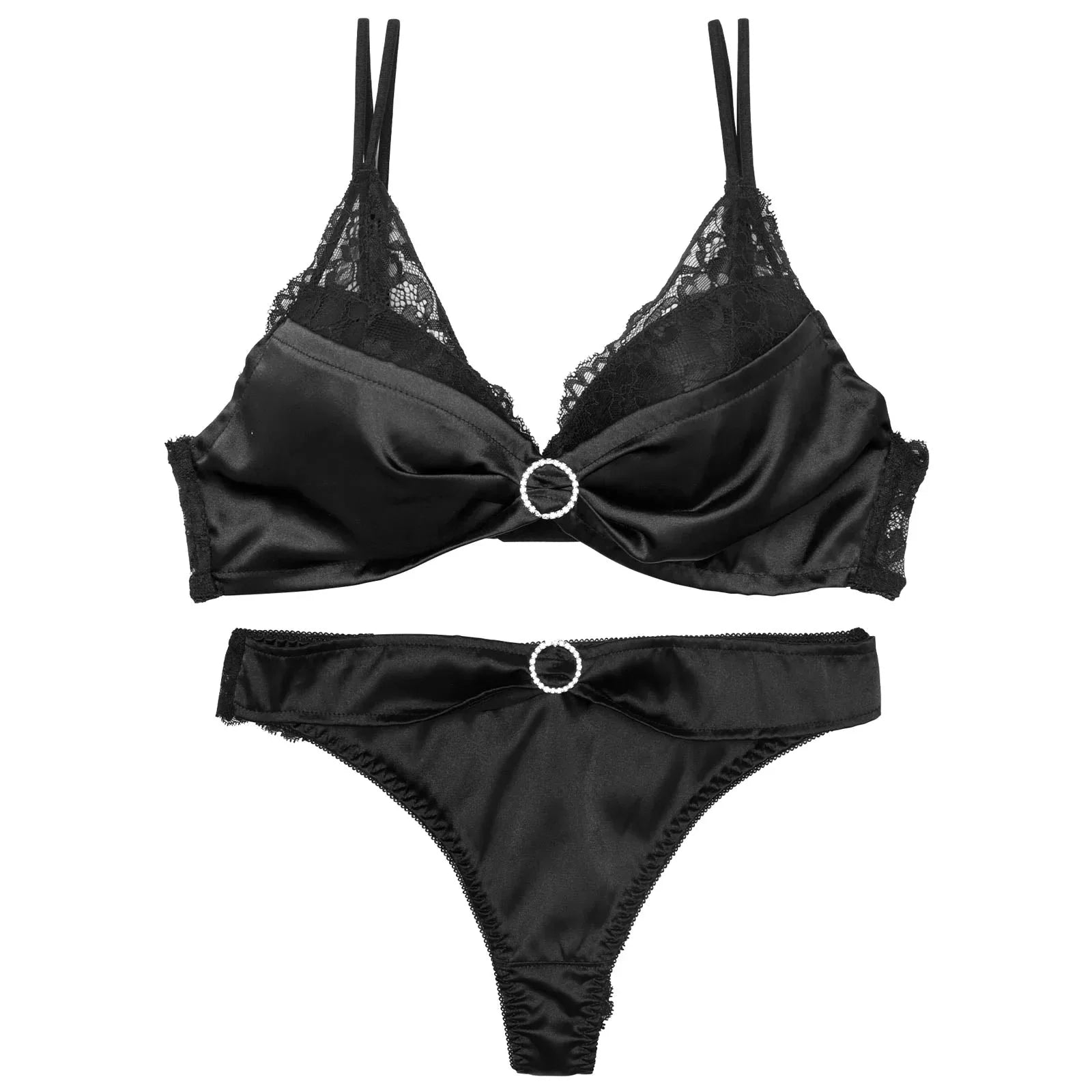 リボンリングビジューレースブラジャー&バック透けTバックショーツ
