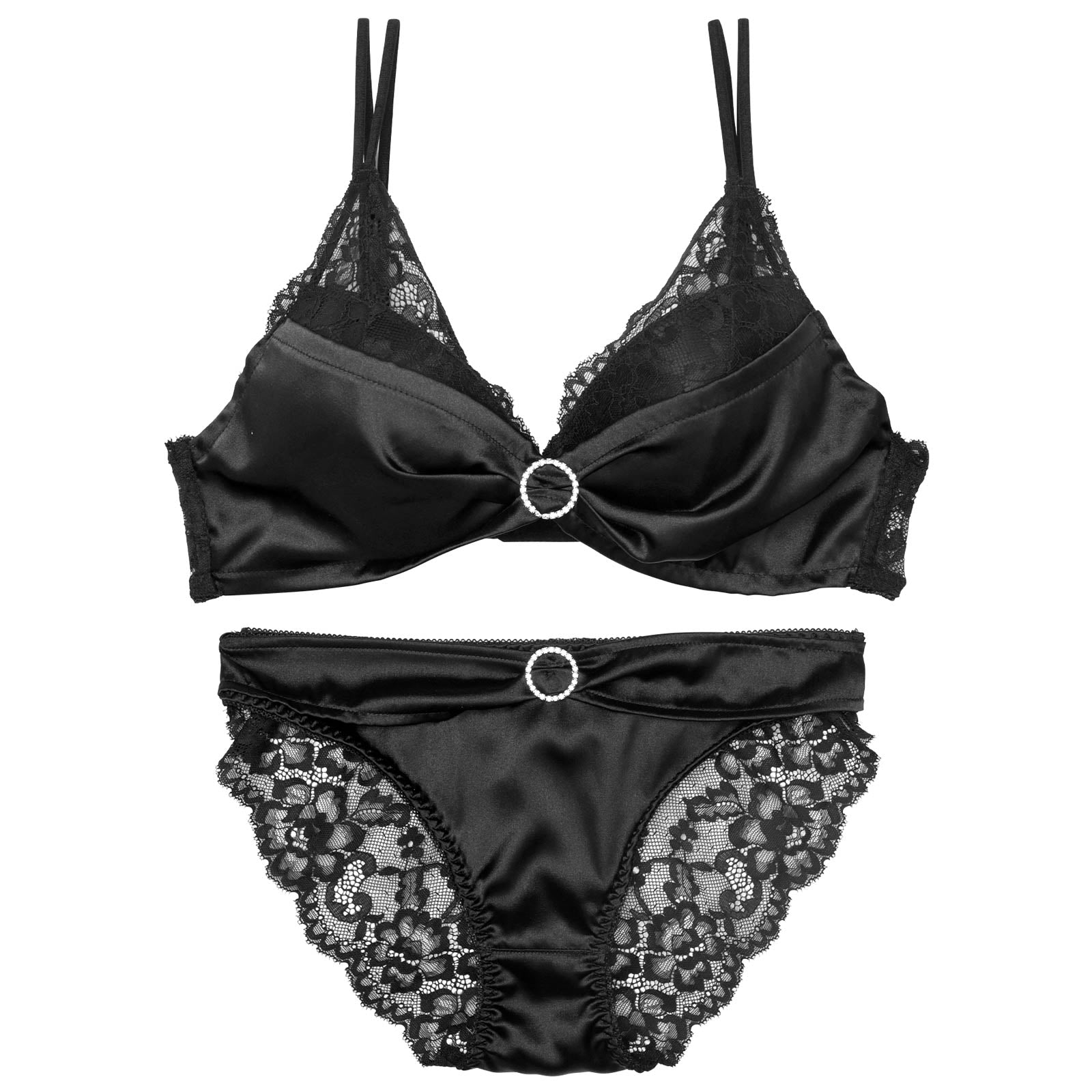 【EFサイズ】リボンリングビジューレースブラジャー&バック透けフルバックショーツ