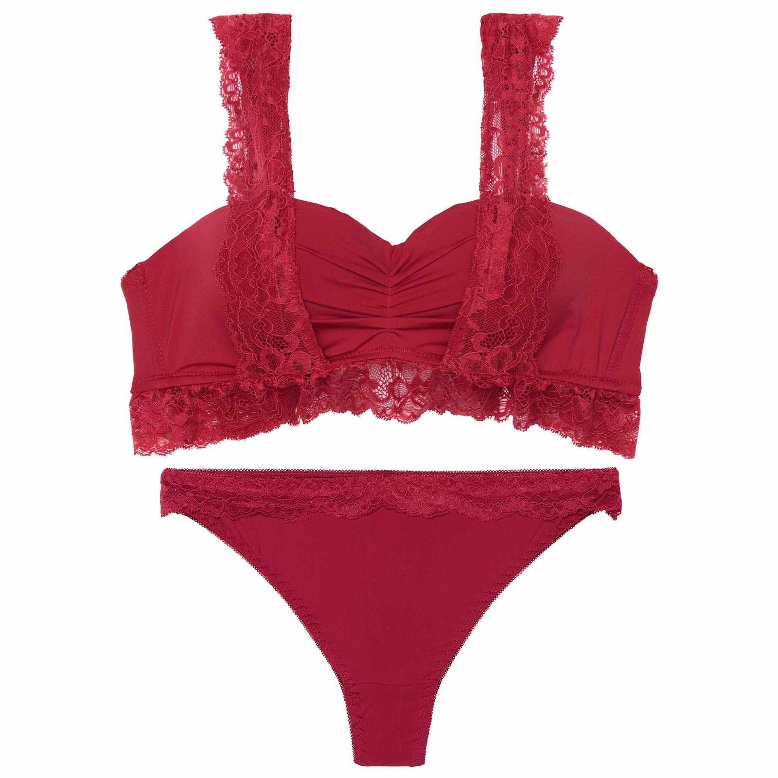 フリルレーシィギャザーギャザーブラジャー&Tバックショーツ