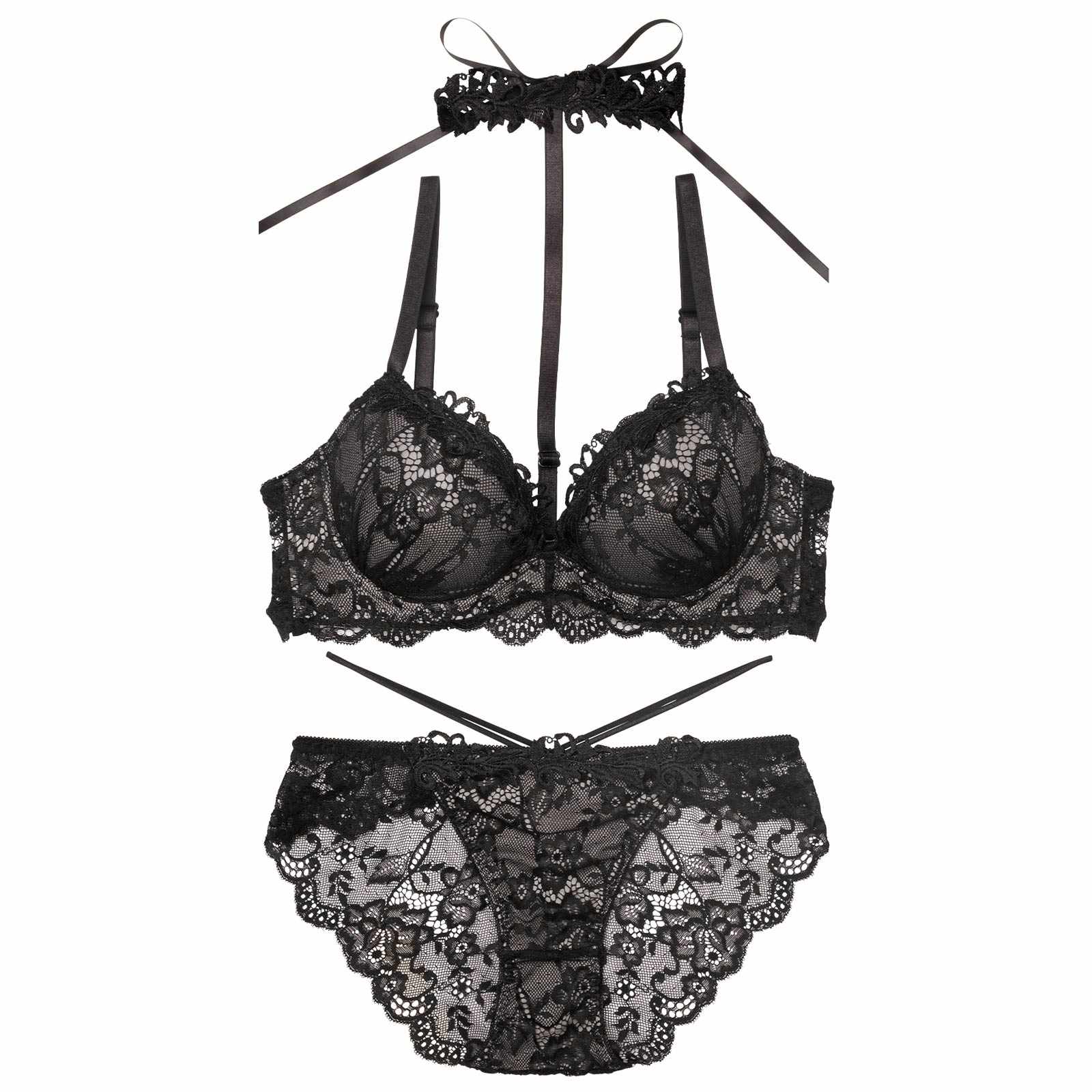 ラグジュアリーレースチョーカーブラジャー&バック透けフルバックショーツ