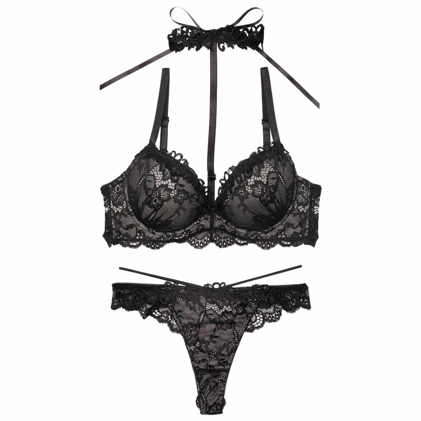 ラグジュアリーレースチョーカーブラジャー&バック透けTバックショーツ