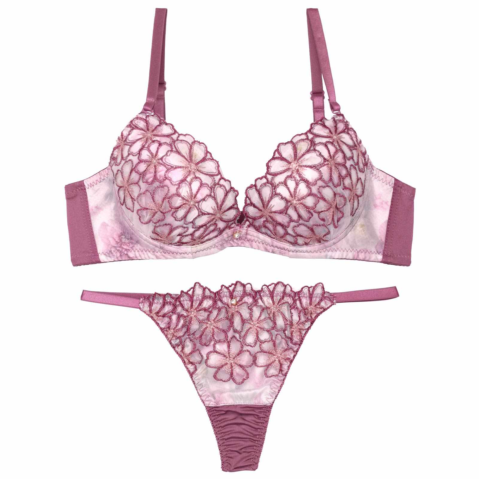 グラデーションモーヴフラワーブラジャー&Tバックショーツ