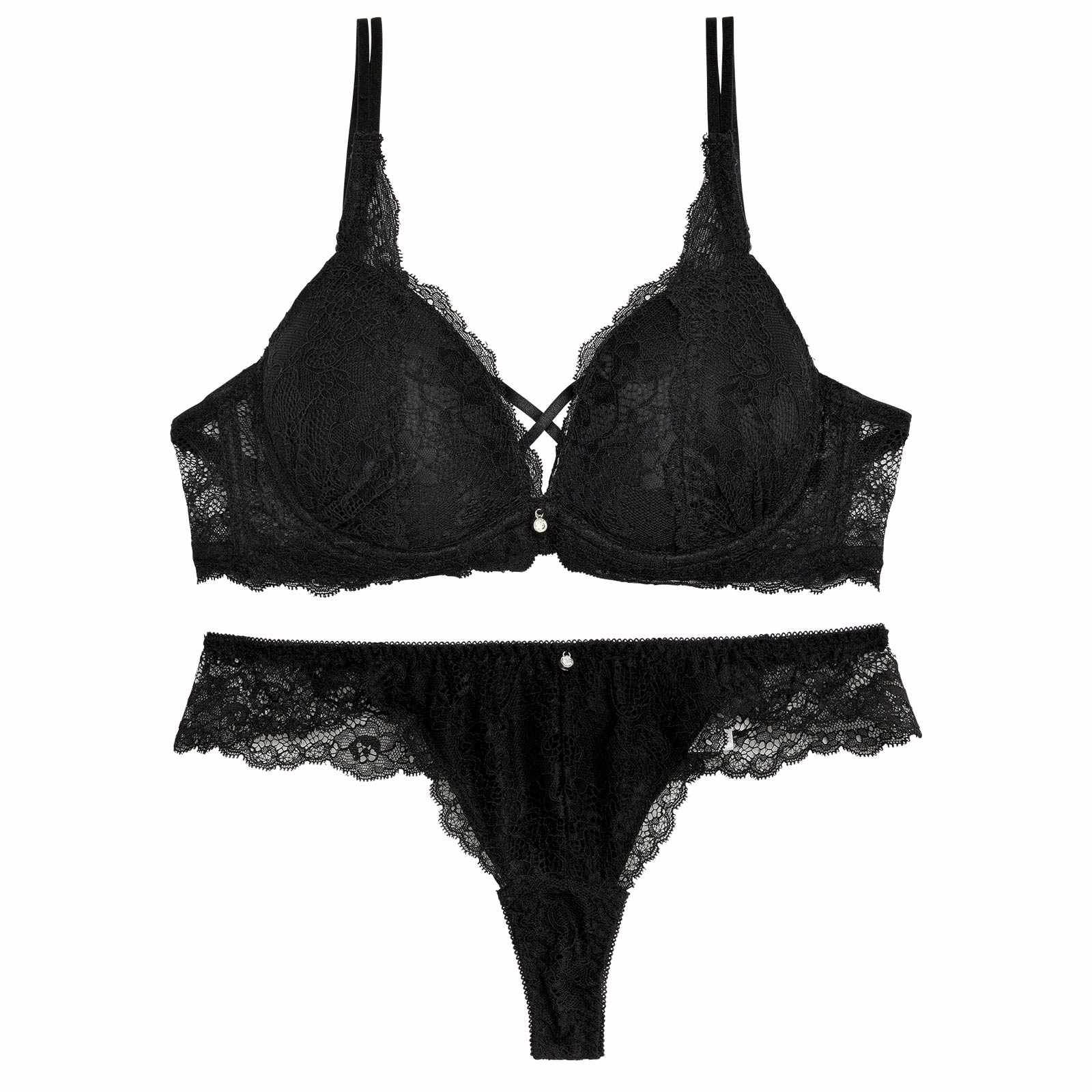 【EFサイズ】クロスデザインレーシィブラジャー&バック透けTバックショーツ