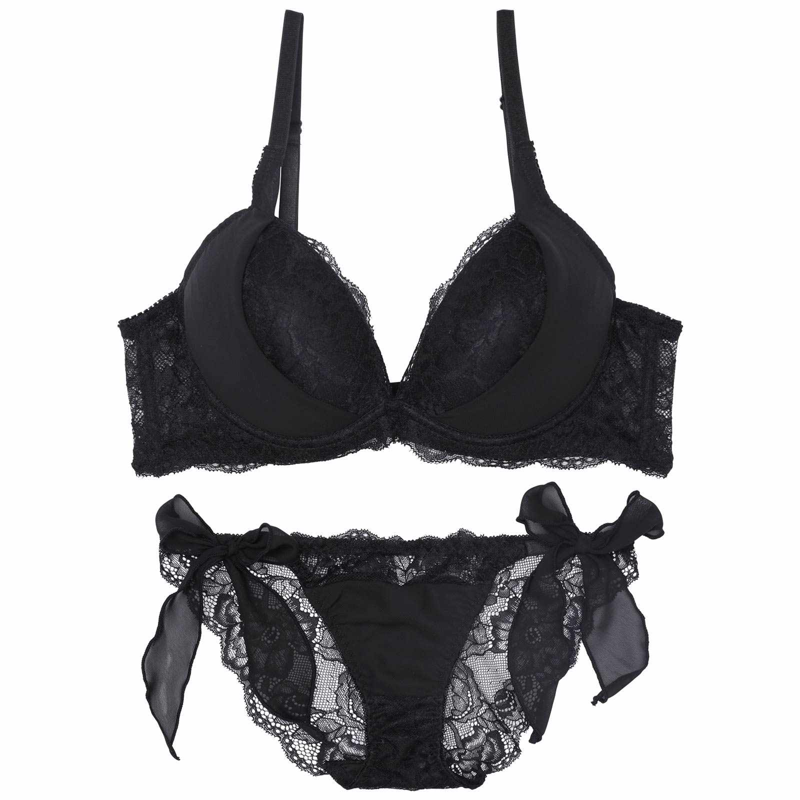 【かとゆり着用】【EFサイズ】モノトーンプティチュール育乳脇高ブラジャー&サイド紐バック透けフルバックショーツ