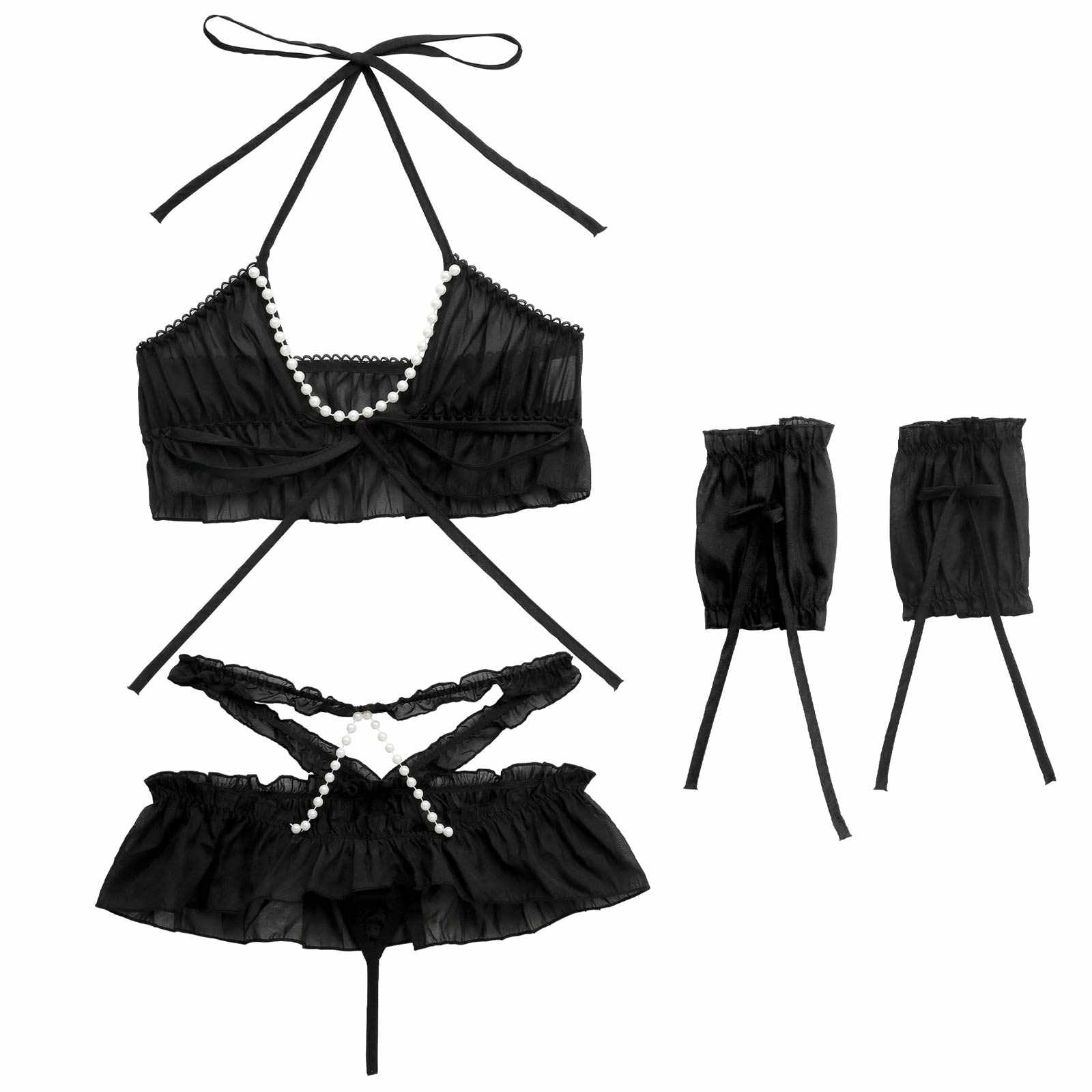 【3点セット】プリンセスパールシフォンブラジャー&Tバックショーツ&アームカバー