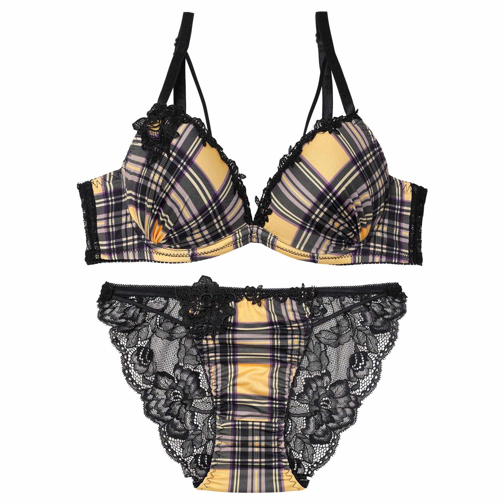 【EFサイズ】ビターモードチェックブラジャー&バック透けフルバックショーツ