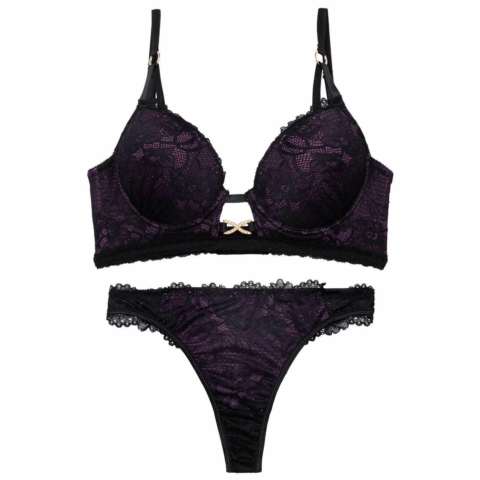 【三上悠亜着用】シャドウレースビジューホール育乳脇高ブラジャー&バック透けTバックショーツ