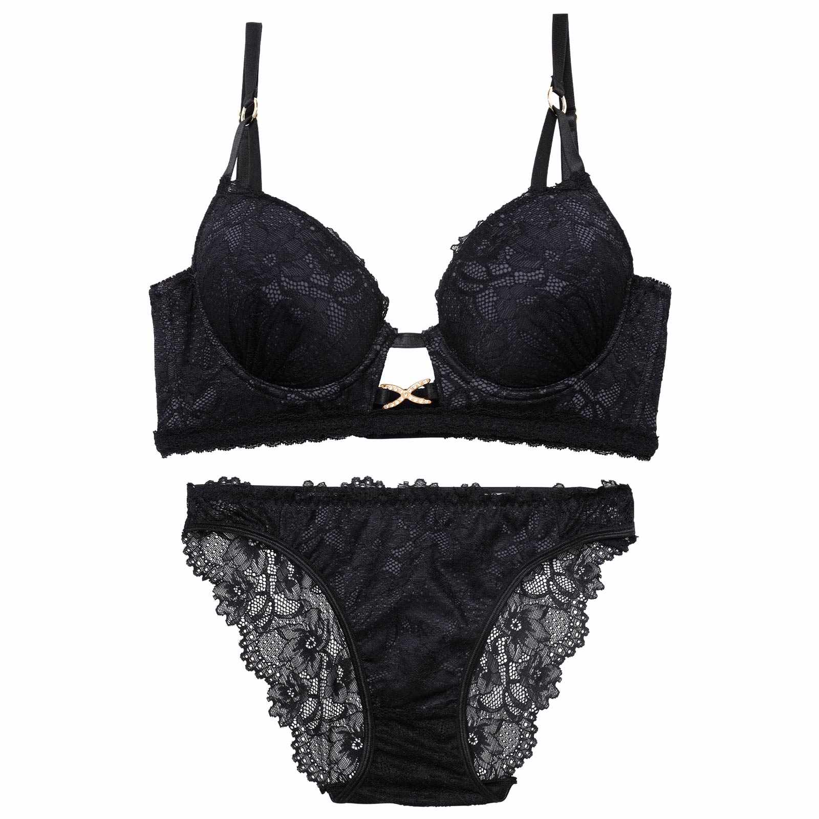 11/21新作!【三上悠亜着用】【EFサイズ】シャドウレースビジューホール育乳脇高ブラジャー&バック透けフルバックショーツ