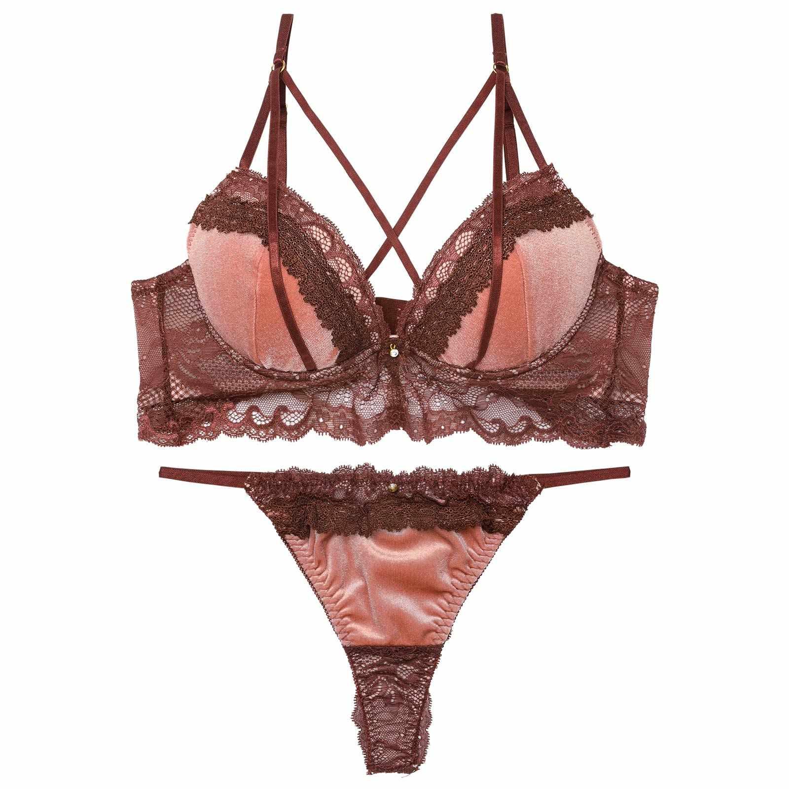 ノーブルベロアコードブラジャー&バック透けTバックショーツ