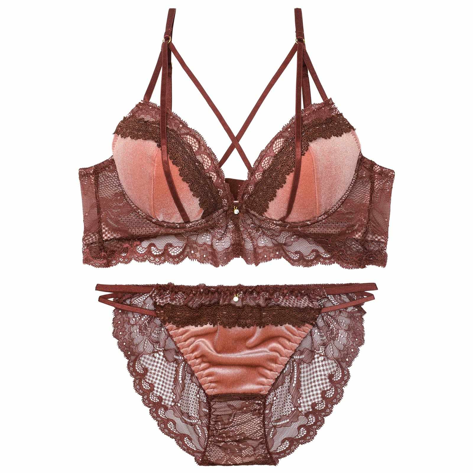 12/10再販!【EFサイズ】ノーブルベロアコードブラジャー&バック透けフルバックショーツ