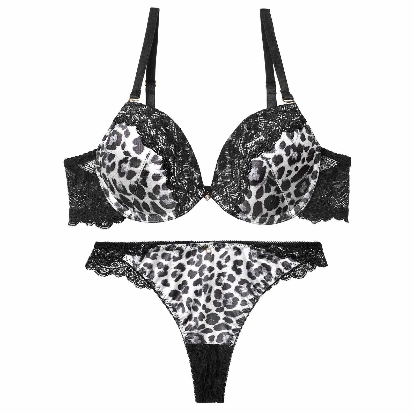 サテンレオパードレースブラジャー&バック透けTバックショーツ