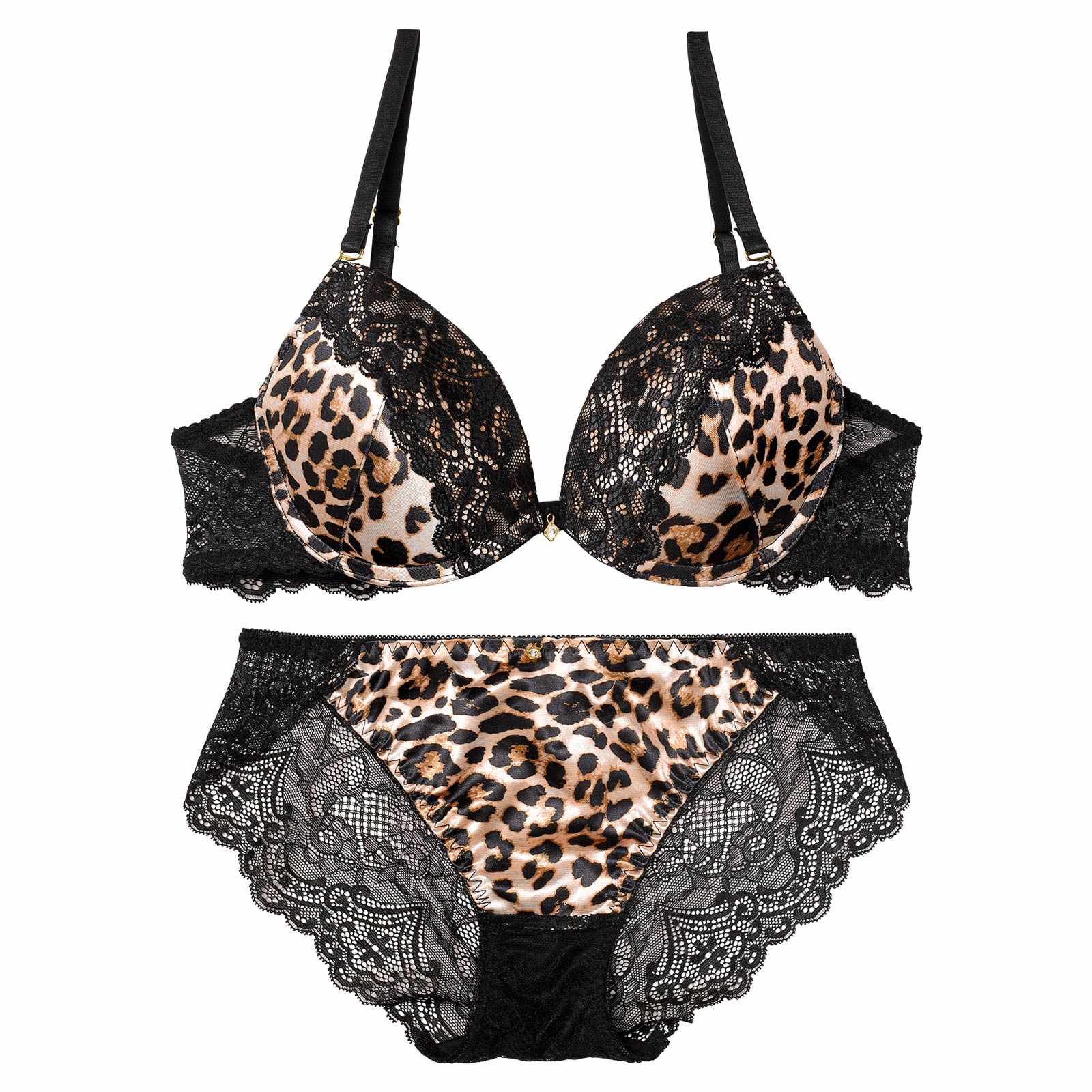 【EFサイズ】サテンレオパードレースブラジャー&バック透けフルバックショーツ