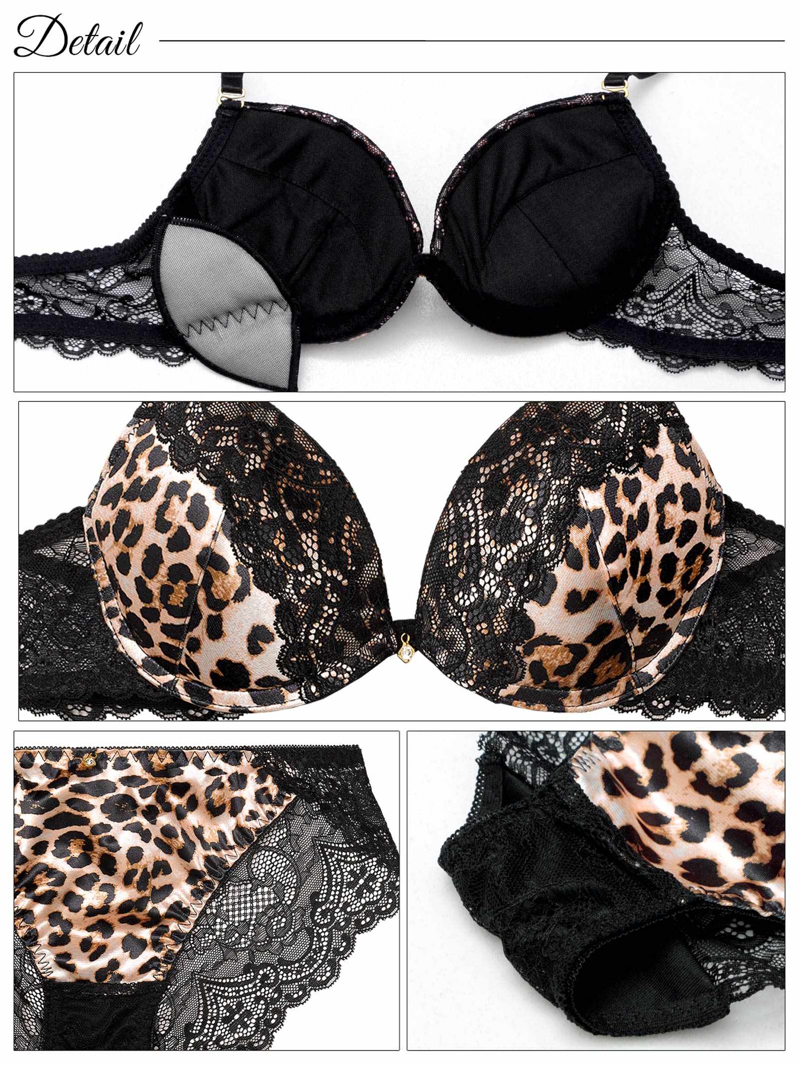 9/15新作!【EFサイズ】サテンレオパードレースブラジャー&バック透けフルバックショーツ