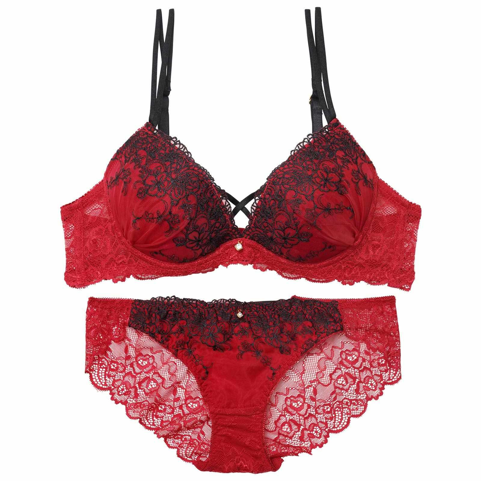 【EFサイズ】ディープクロスエンブロイダリーブラジャー&バック透けフルバックショーツ