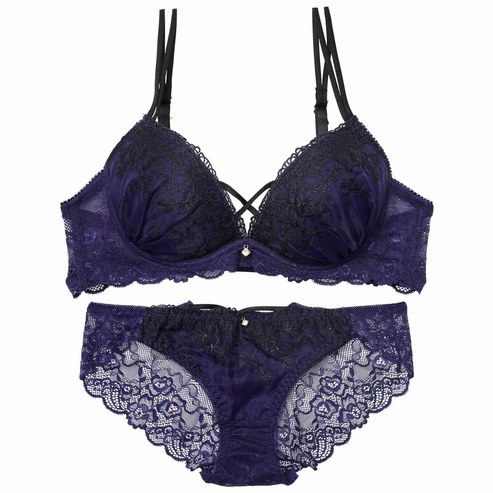 【EFサイズ】ディープクロスエンブロイダリーブラジャー&バック透けフルバックショーツ