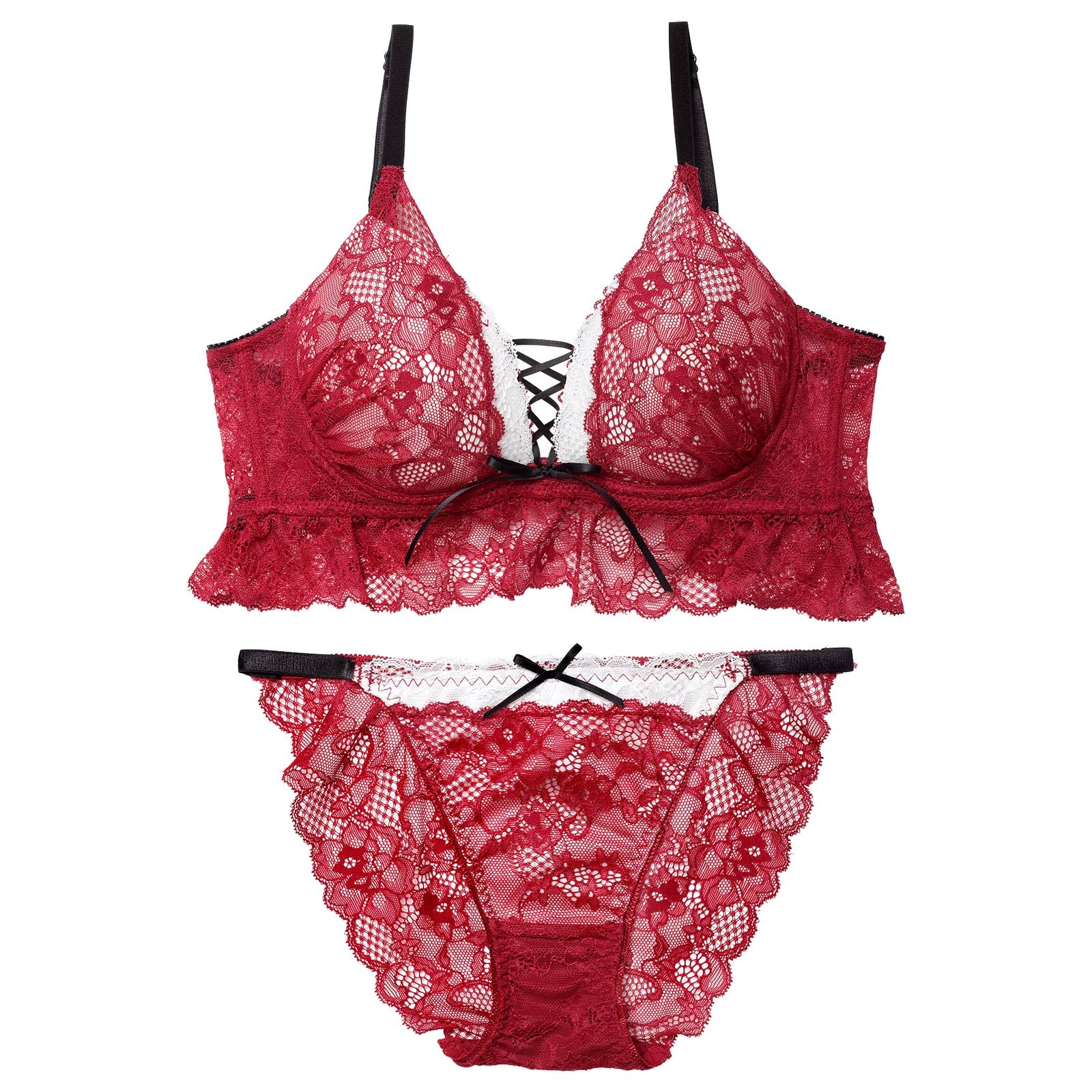 11/17新作!【EFサイズ】ディープリボンレースアップ育乳脇高ブラジャー&バック透けフルバックショーツ