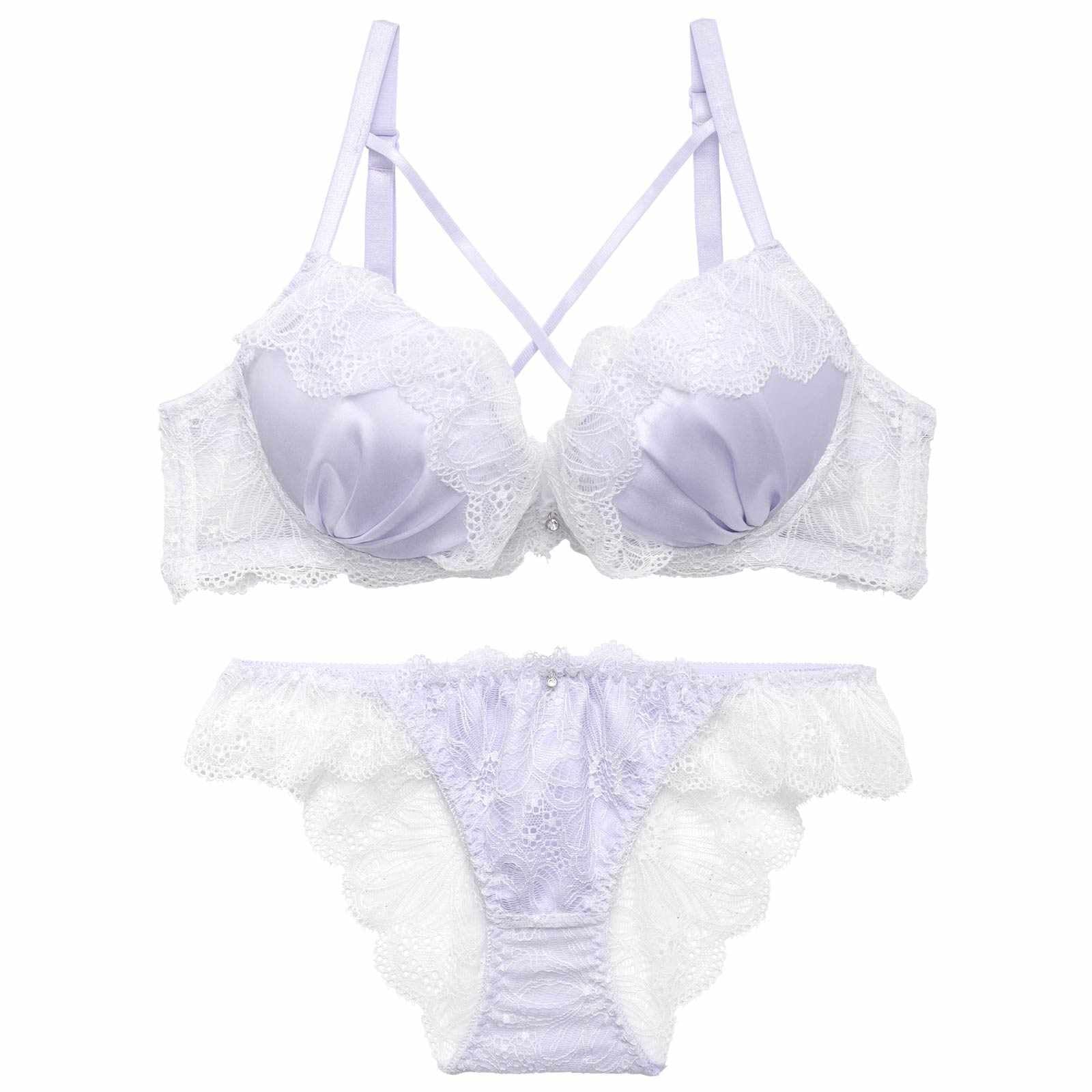 4/8新作!【かとゆり着用】【EFサイズ】ミルキーサテンレースブラジャー&バック透けフルバックショーツ