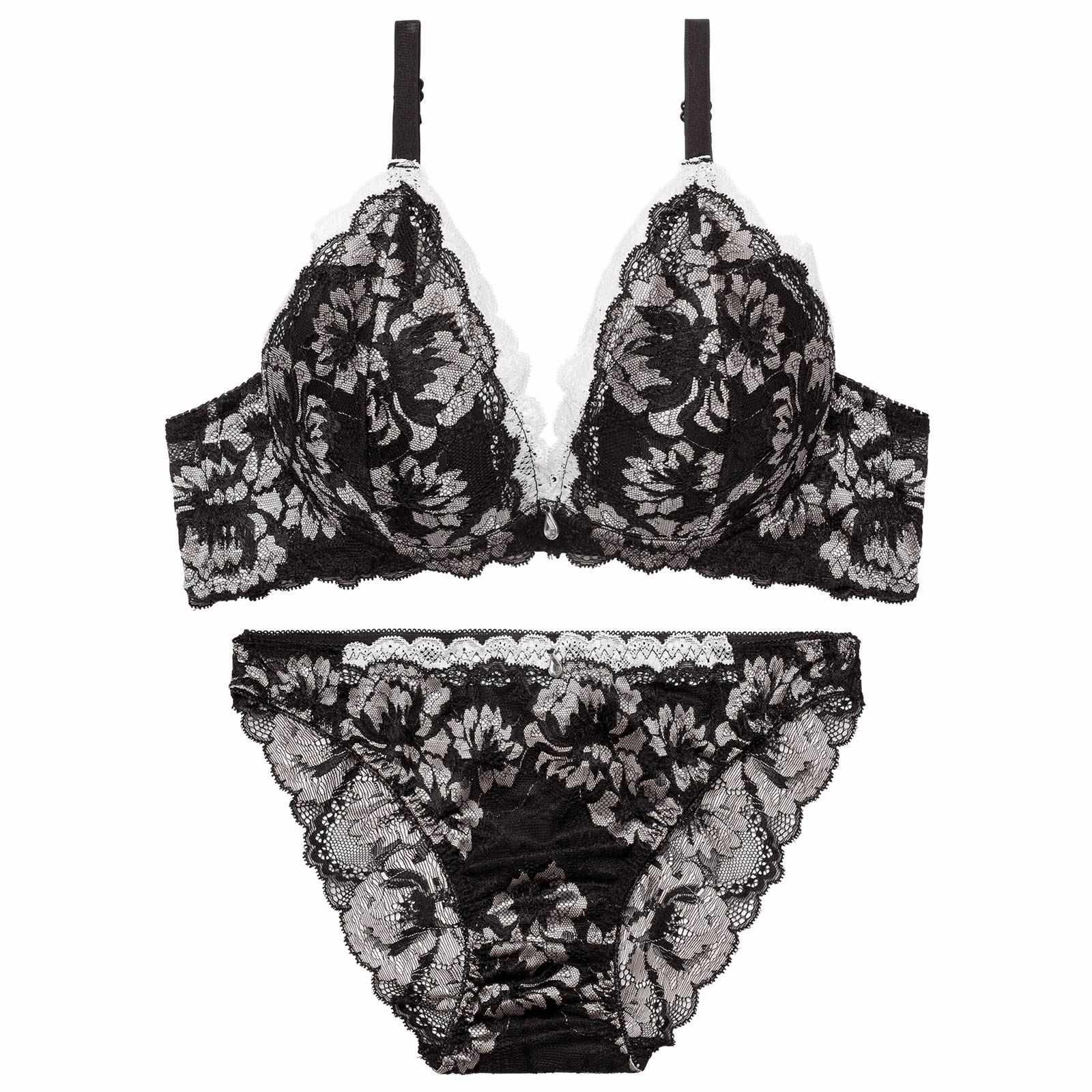 3/27新作!【EFサイズ】グラマラスフラワーレース育乳脇高ブラジャー&バック透けフルバックショーツ